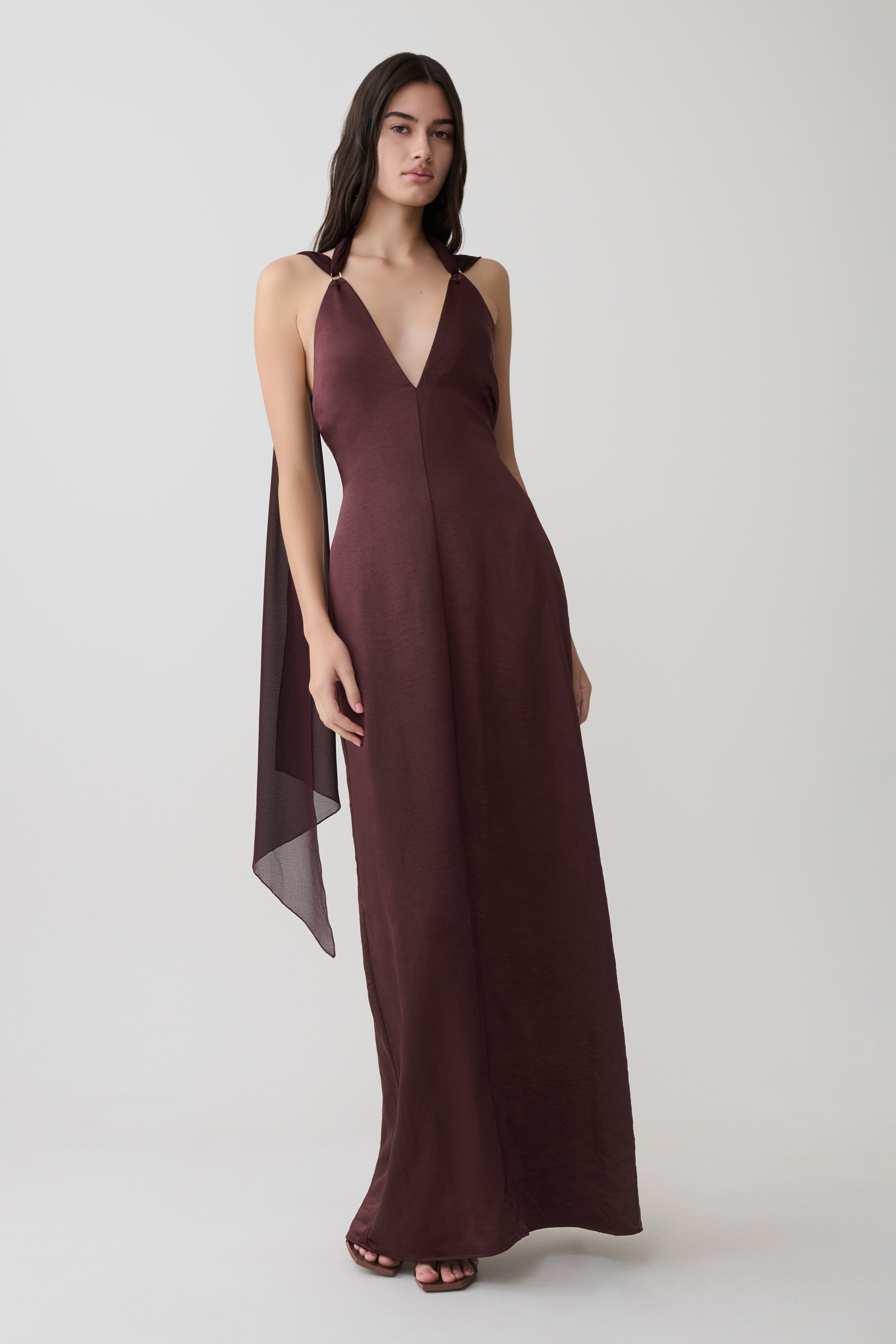 Myla Draped Shoulders Satin Maxi Dress - Chocolate - Image 4