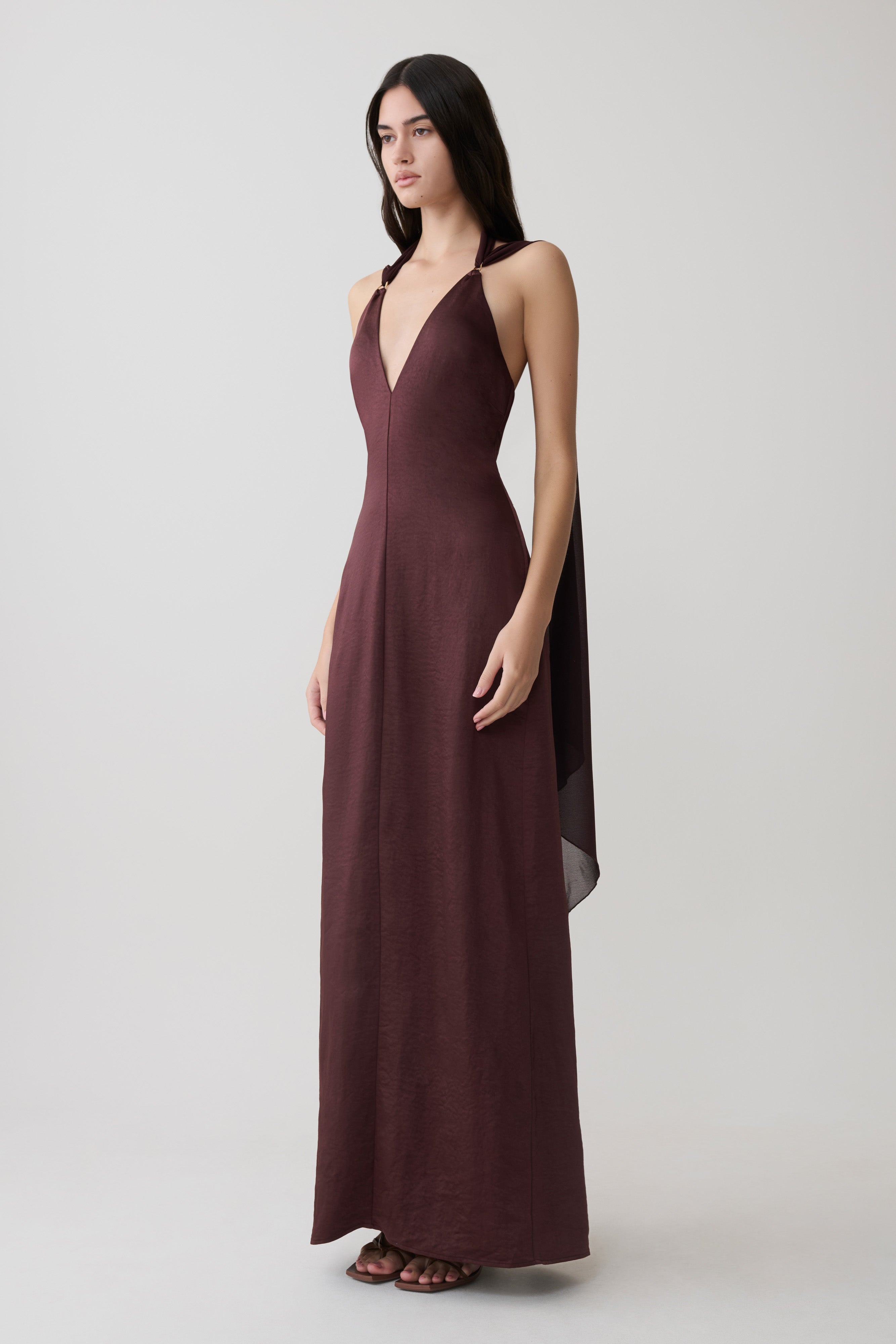 Myla Draped Shoulders Satin Maxi Dress - Chocolate - Image 5
