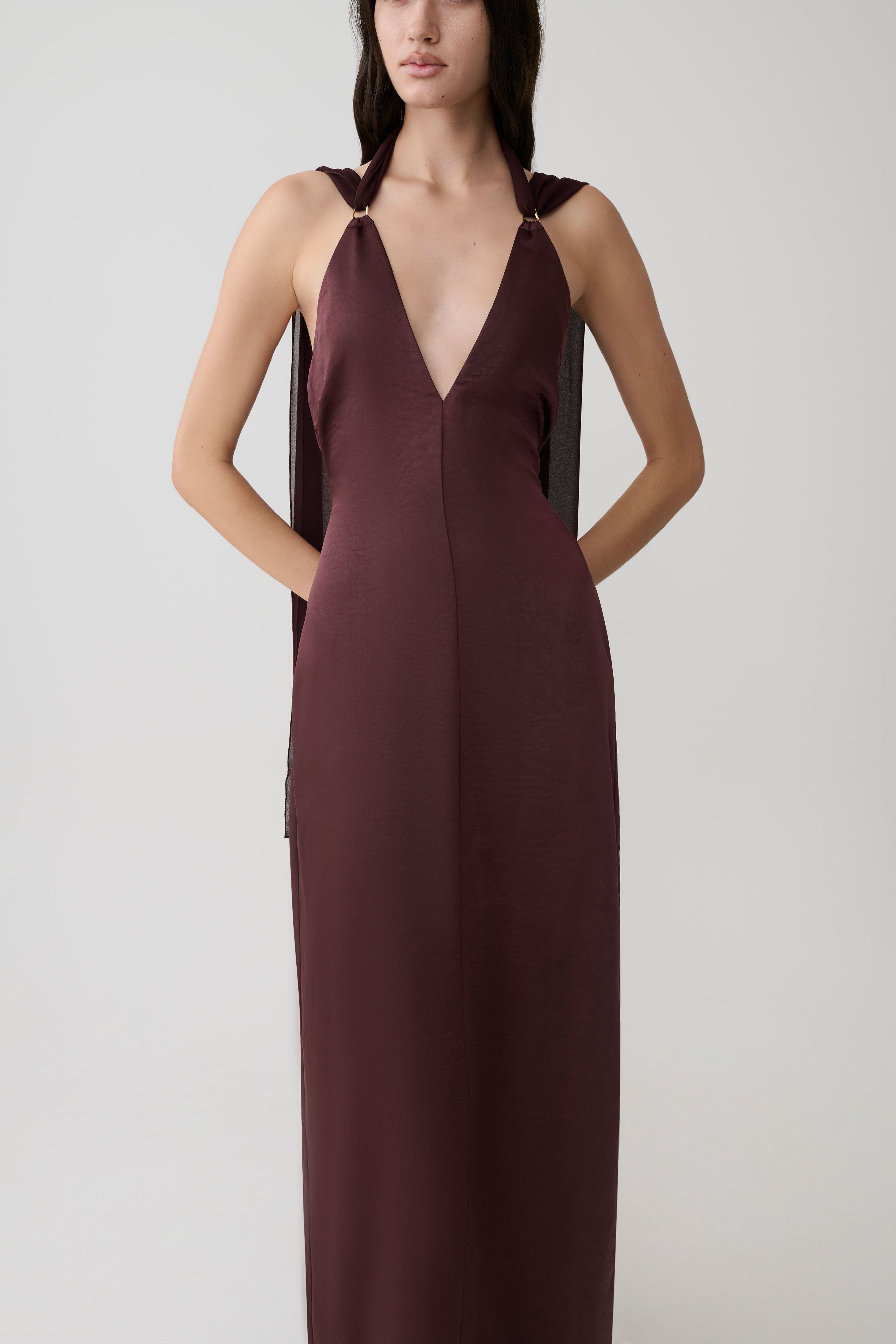 Myla Draped Shoulders Satin Maxi Dress - Chocolate - Image 3