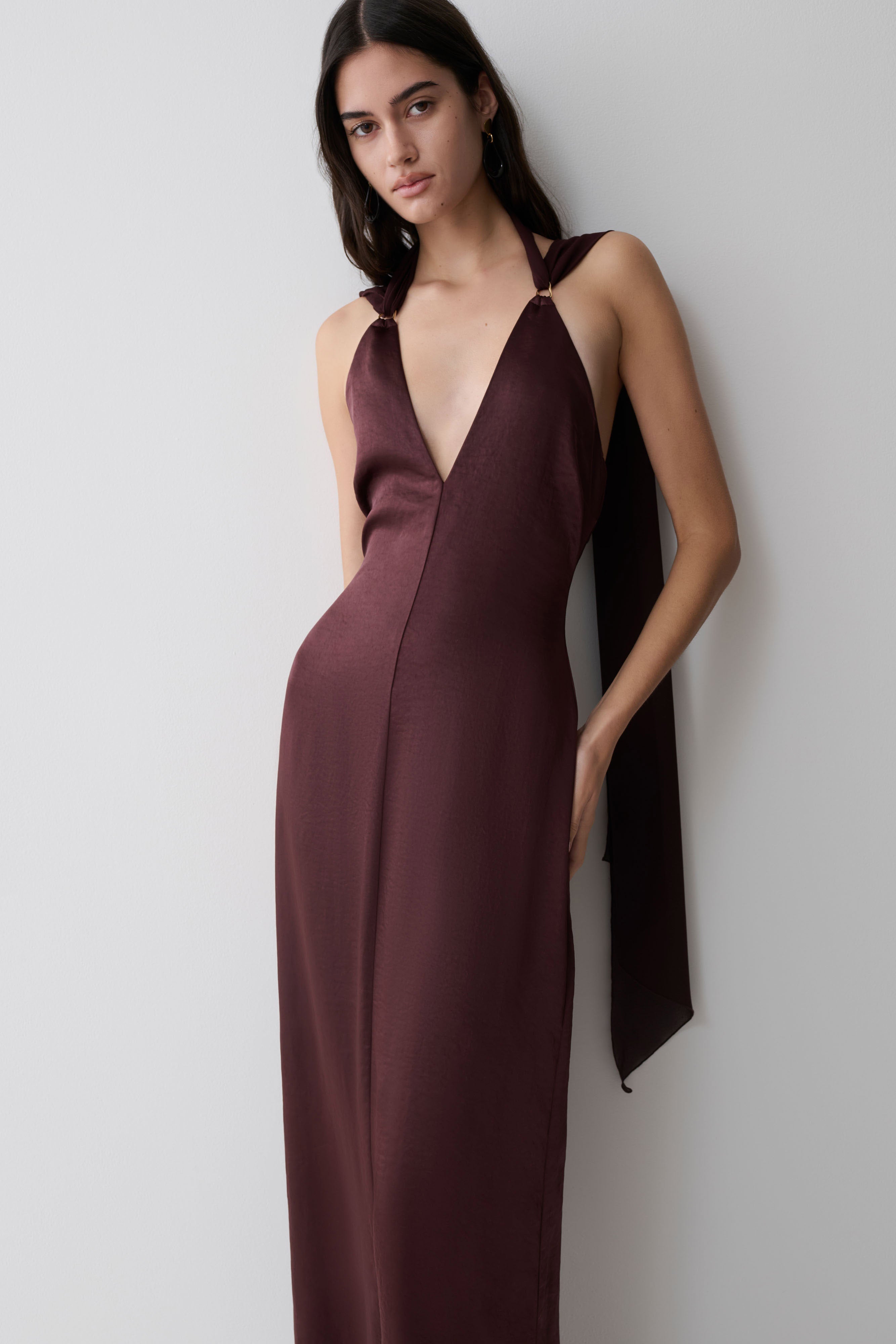 Myla Draped Shoulders Satin Maxi Dress - Chocolate - Image 7