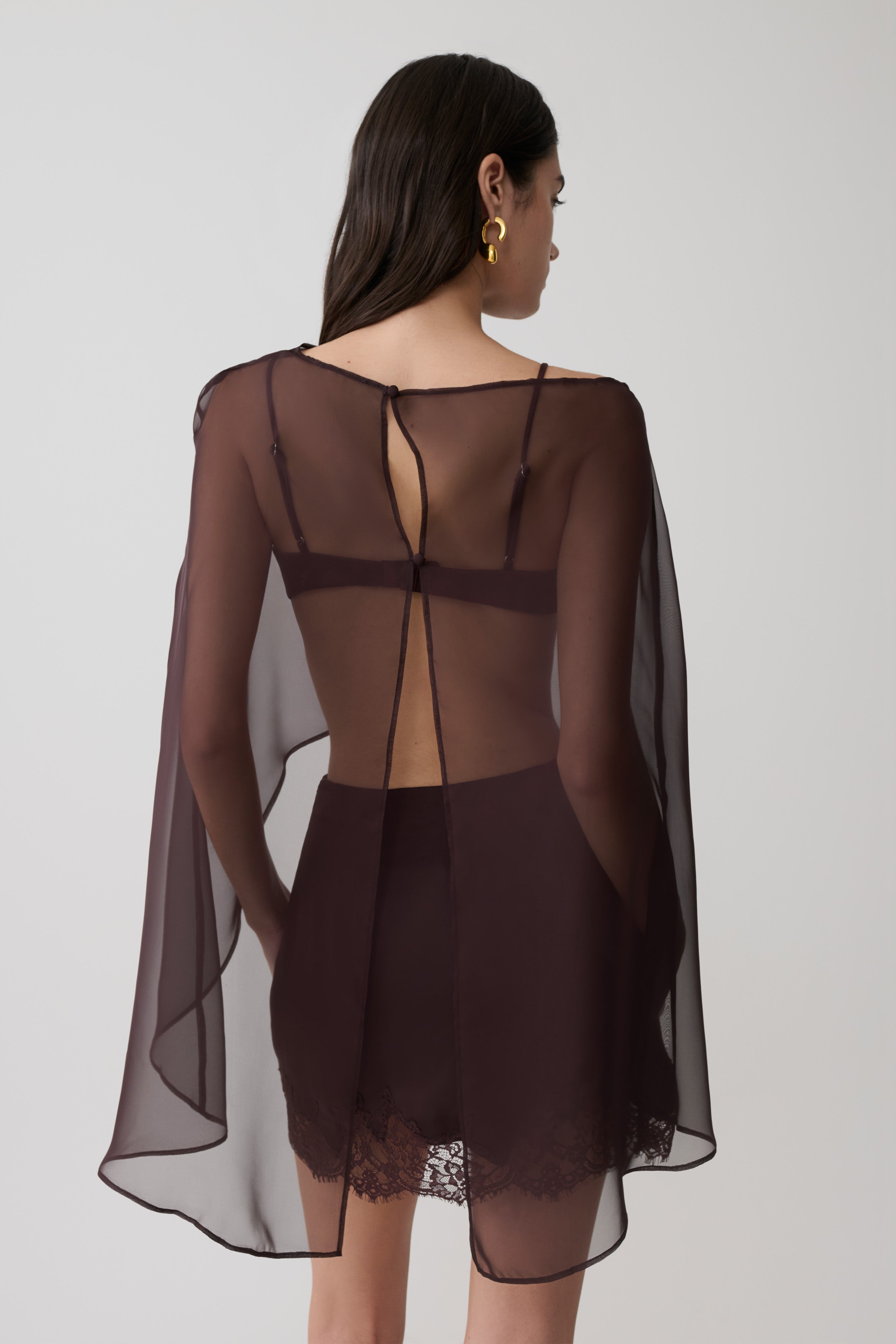Alternative view of Kirstine Bralette With Chiffon Cape - Chocolate