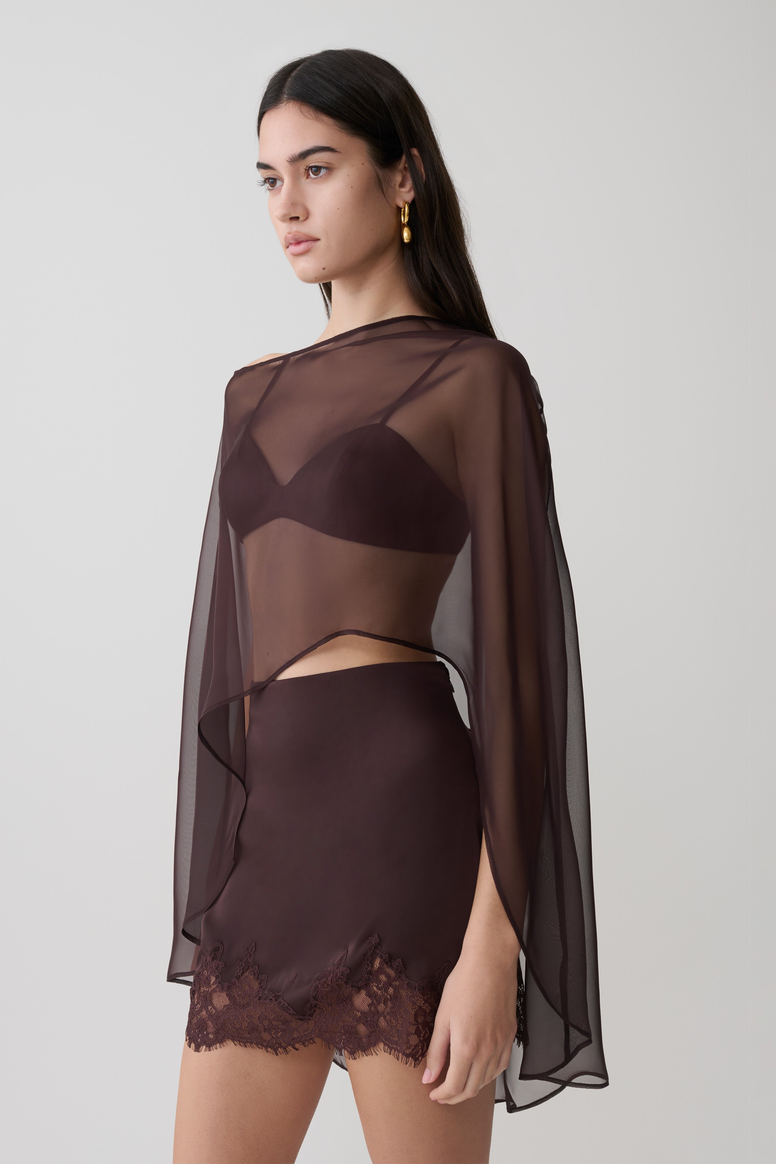 Kirstine Bralette With Chiffon Cape - Chocolate - Image 4