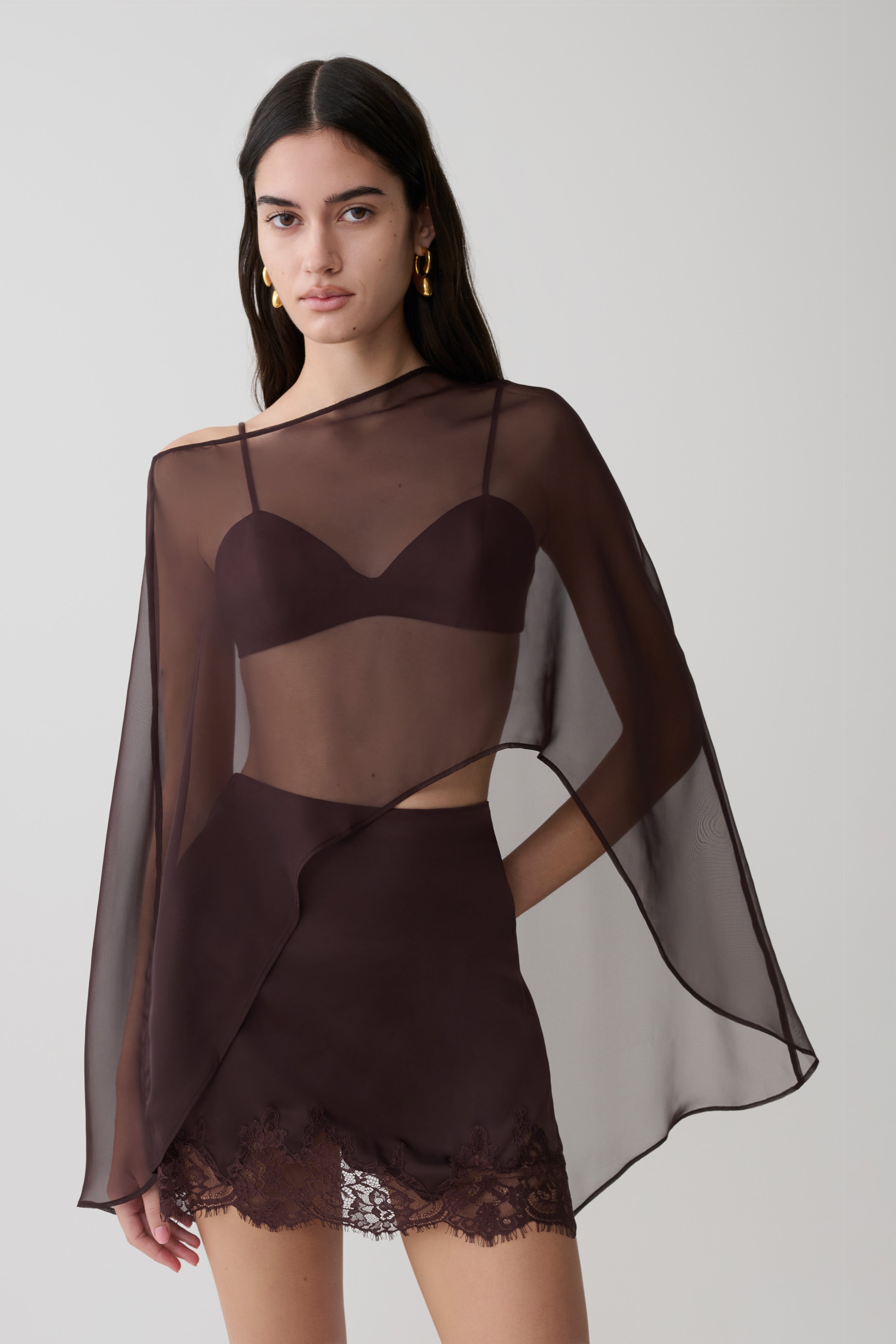 Kirstine Bralette With Chiffon Cape - Chocolate - Image 3