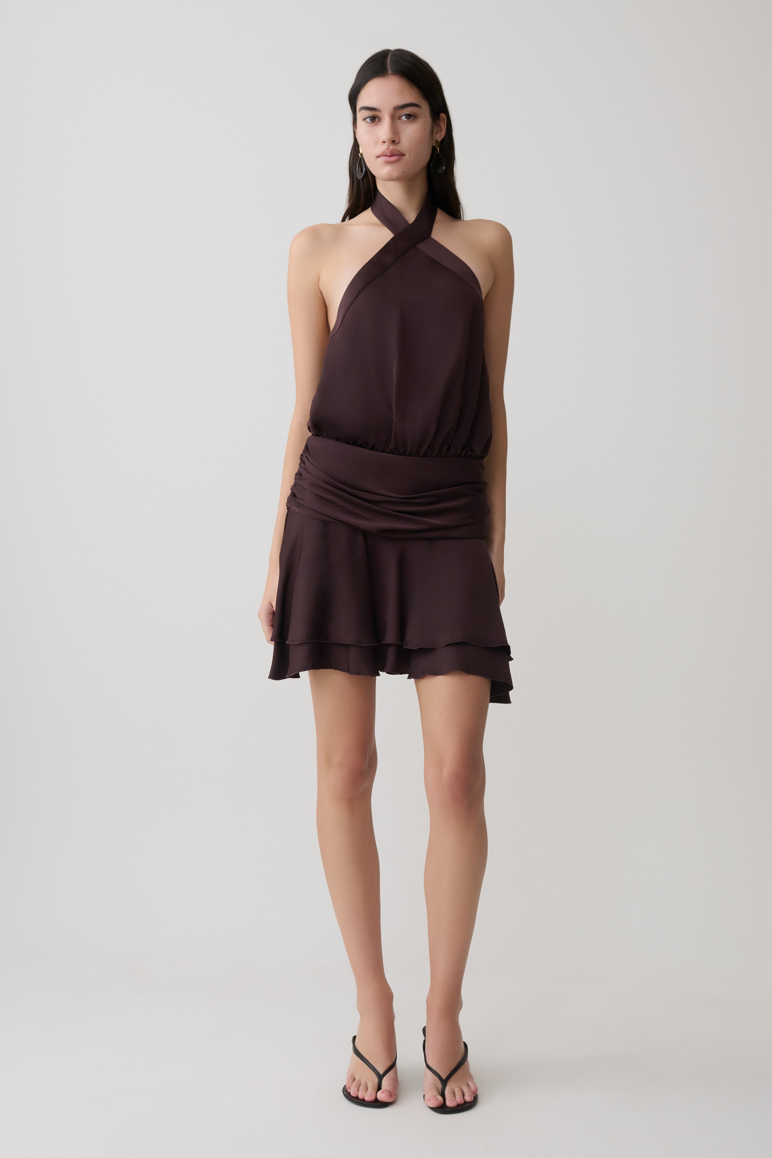 Poppy Satin Halter Mini Dress - Chocolate - Image 5