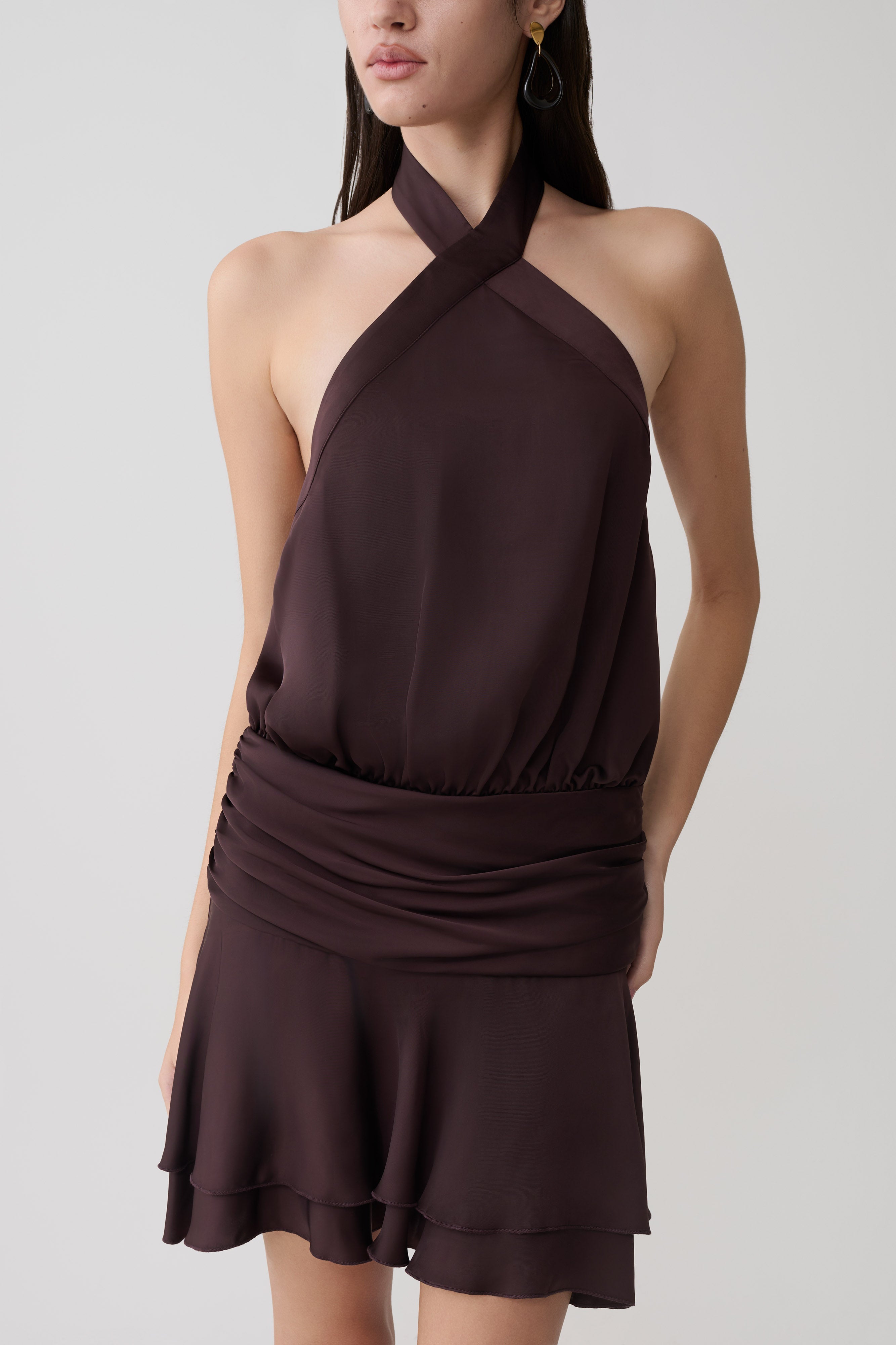 Poppy Satin Halter Mini Dress - Chocolate - Image 3