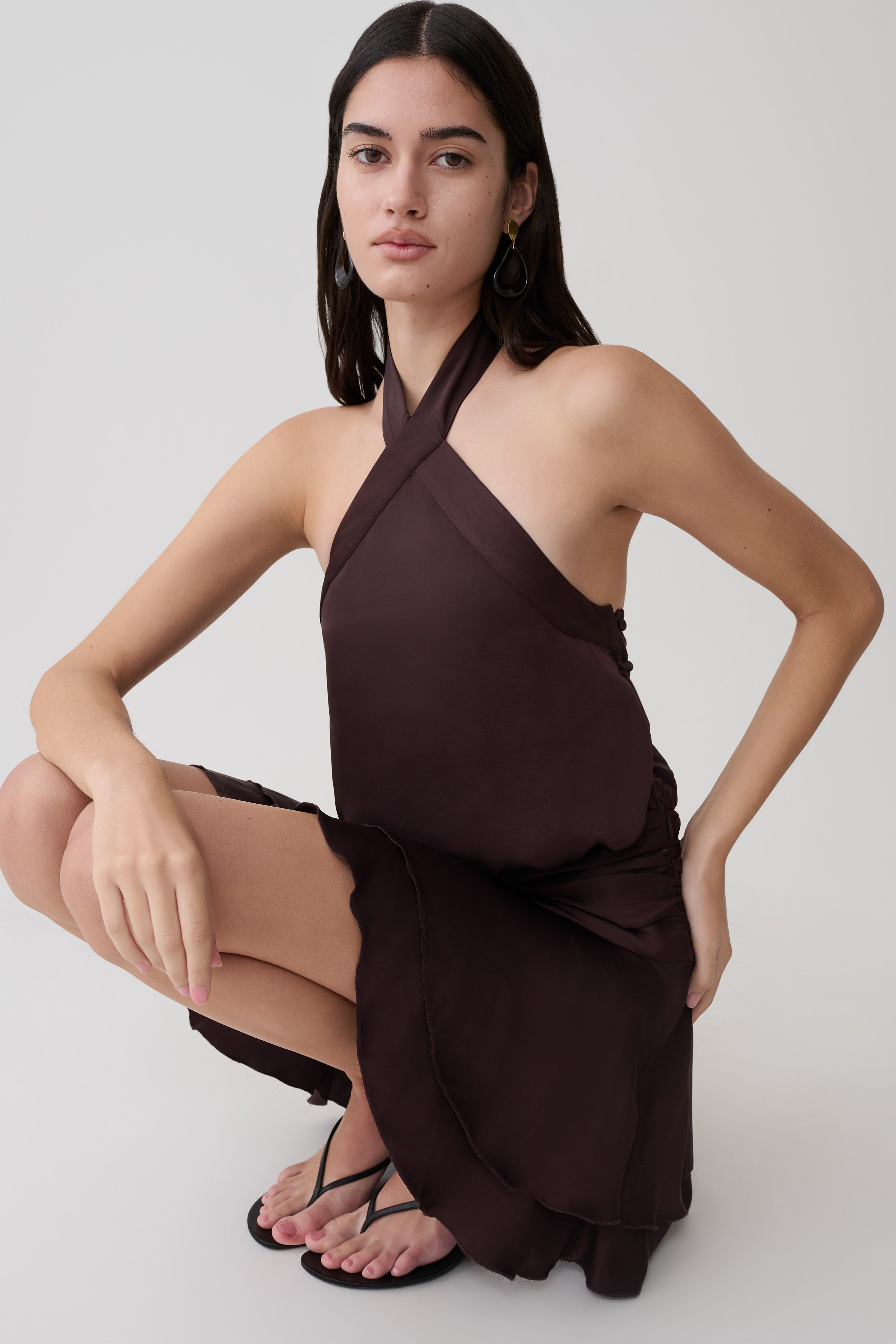 Poppy Satin Halter Mini Dress - Chocolate - Image 7