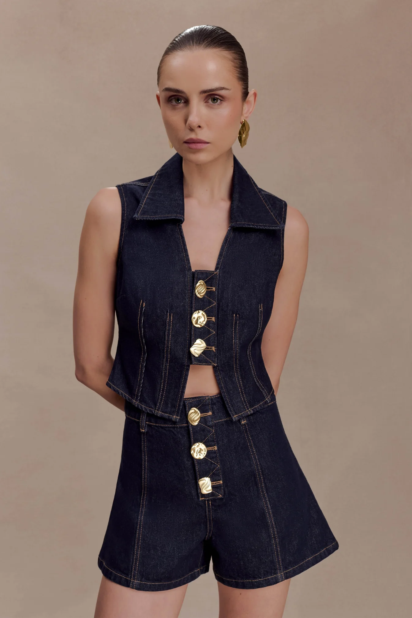 Denim Vest With Decorative Buttons - Washed Indigo Blue