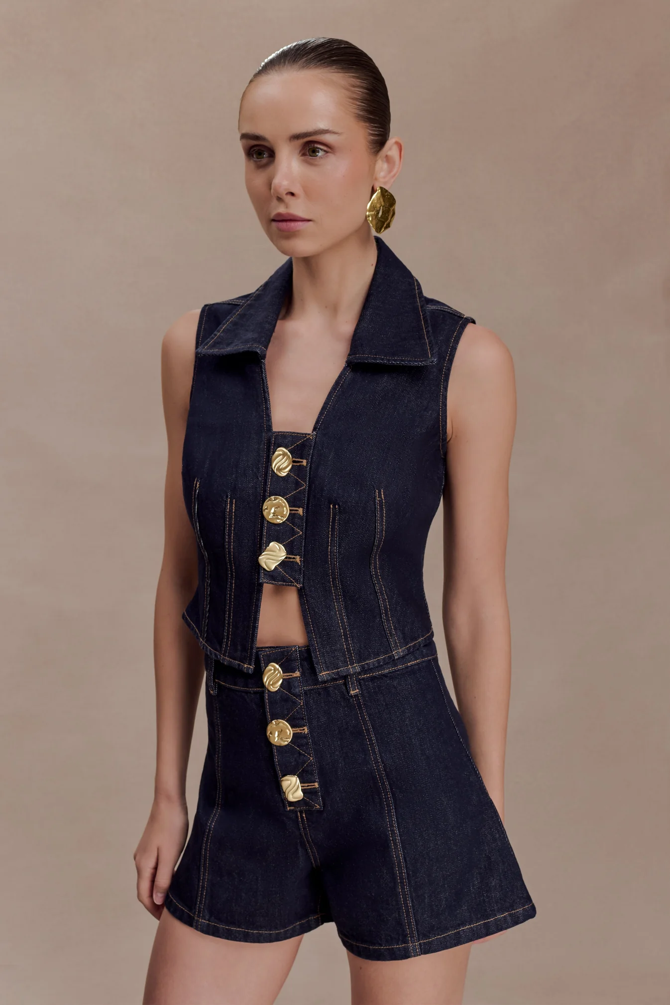 Denim Vest With Decorative Buttons - Washed Indigo Blue - Image 3
