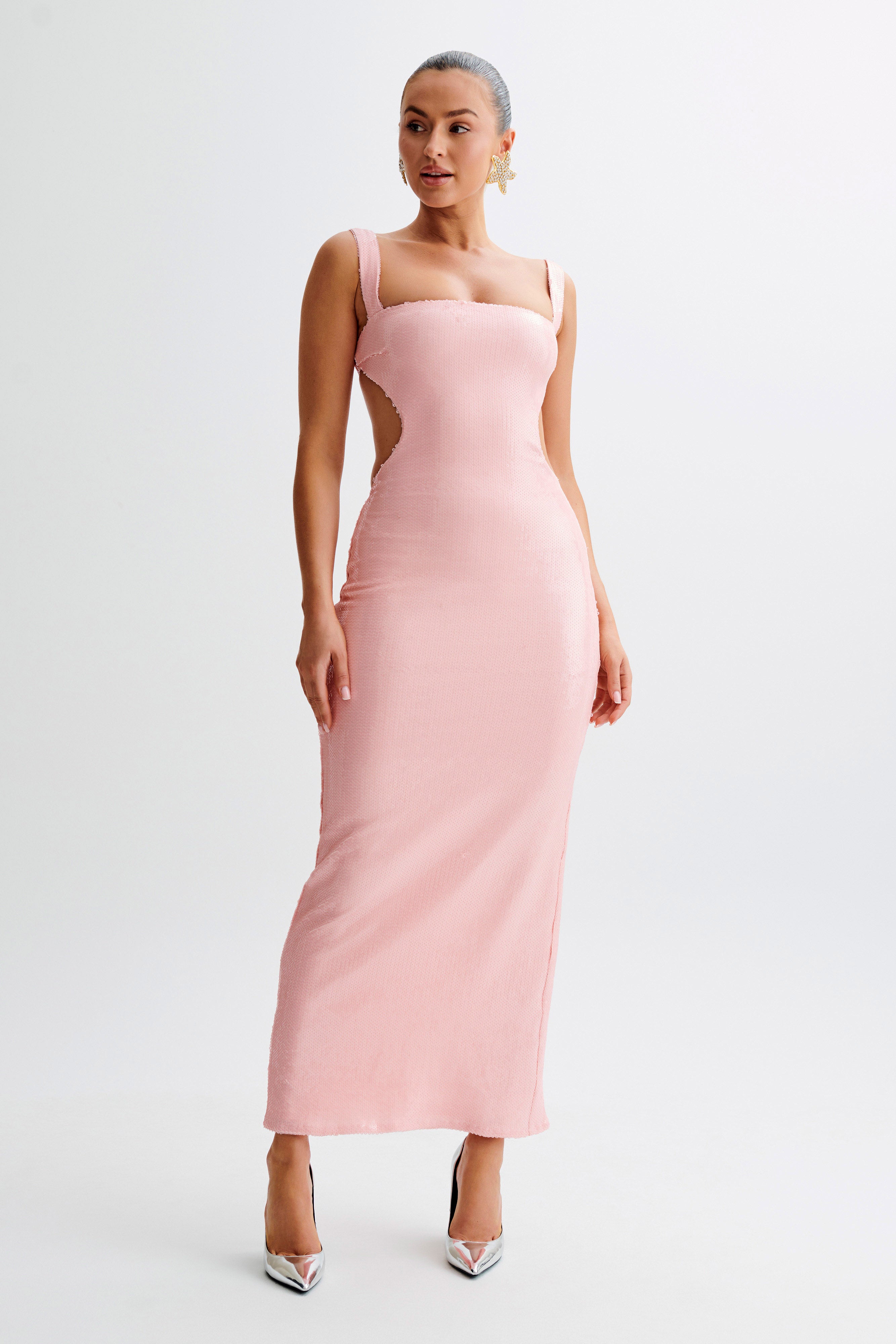 Adoria Sequin Cut Out Maxi Dress - Pale Pink - Image 6