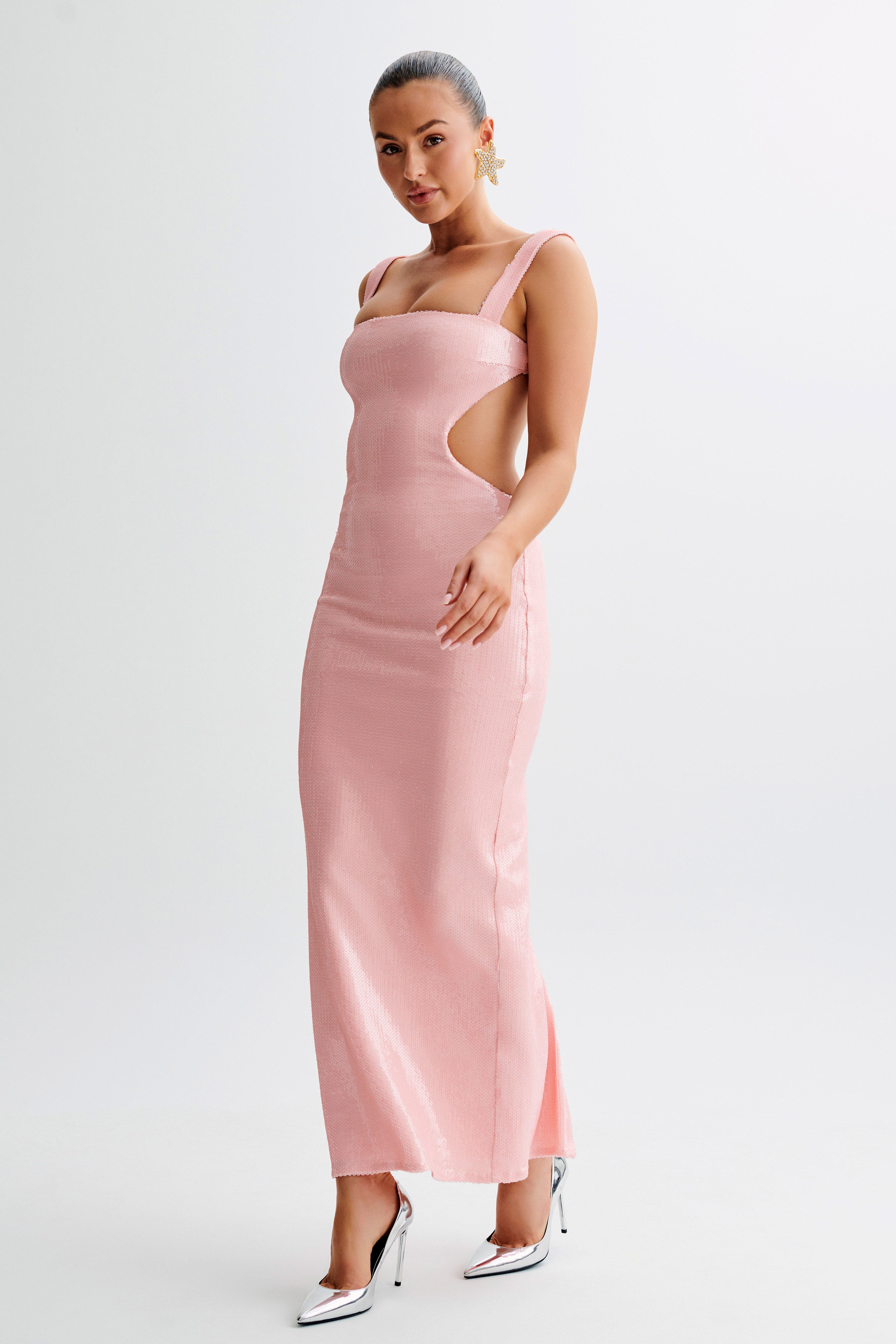 Adoria Sequin Cut Out Maxi Dress - Pale Pink - Image 5
