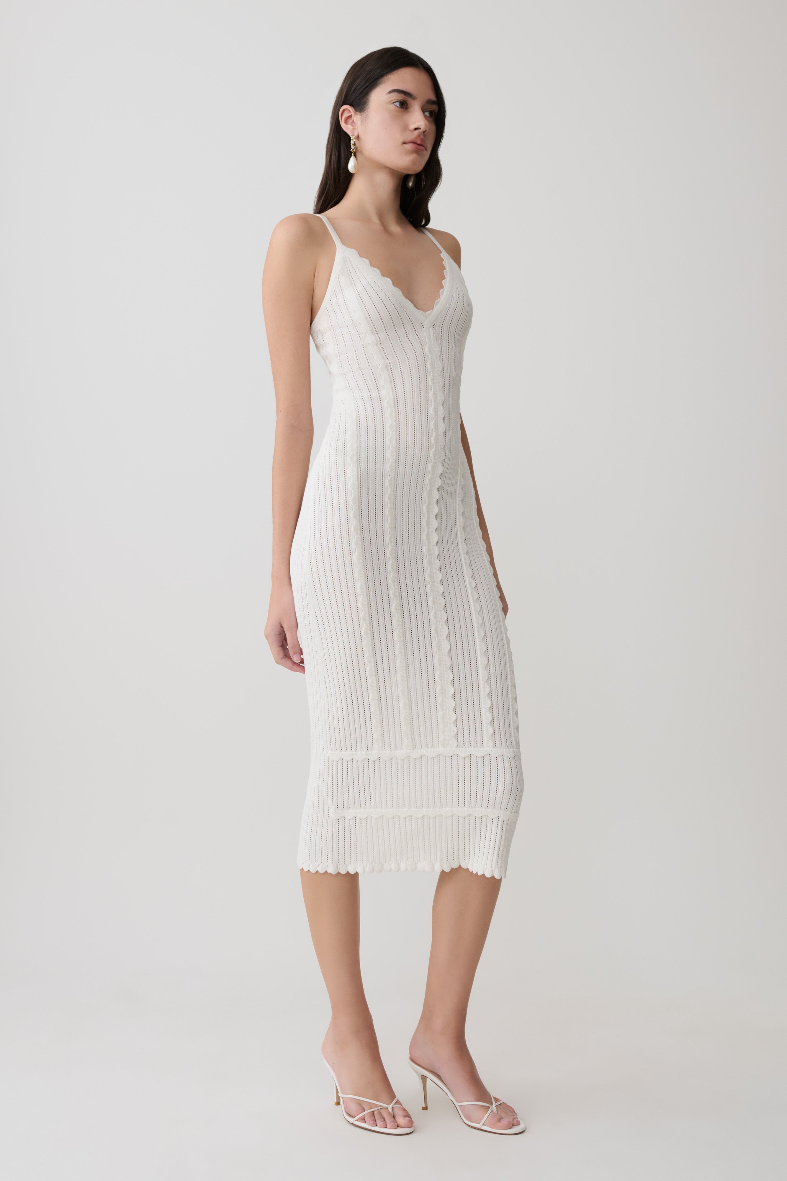 Cooper Scalloped Neckline Pointelle Midi Dress - White - Image 3