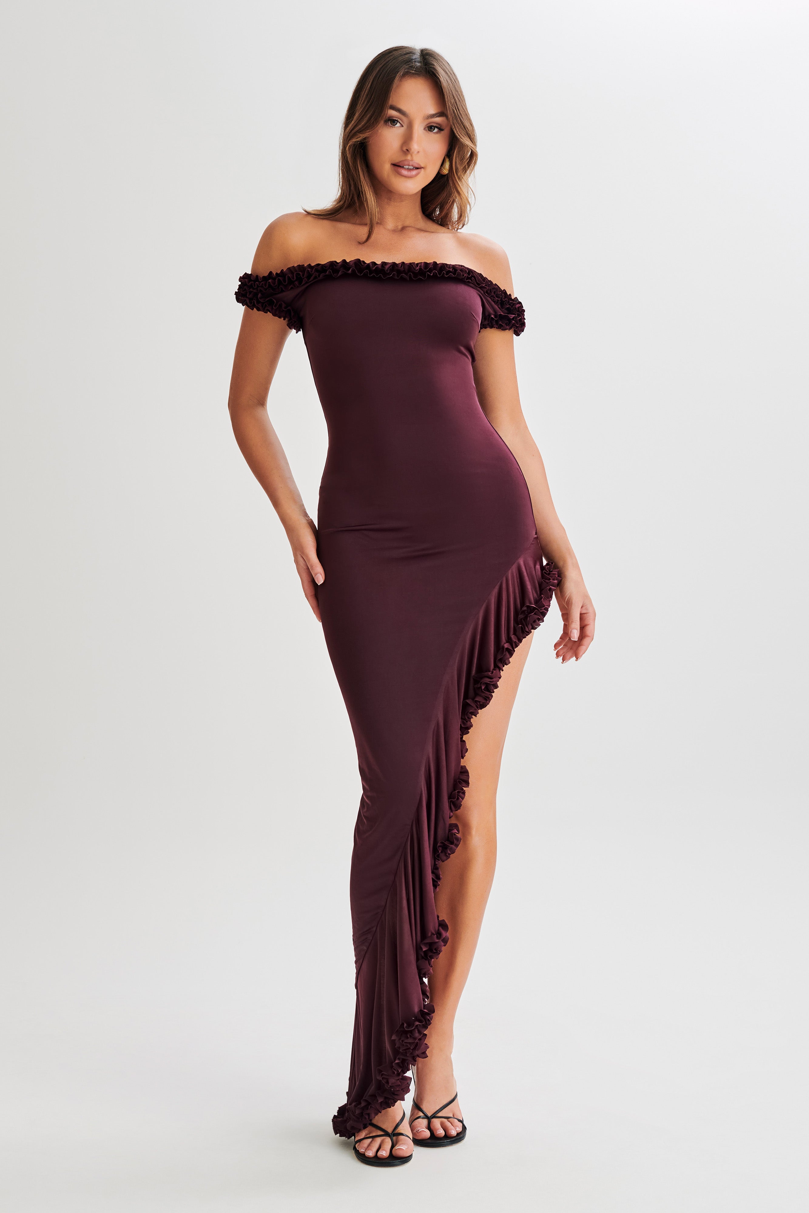 Arielle Off Shoulder Ruffle Midi Dress - Plum - Image 3