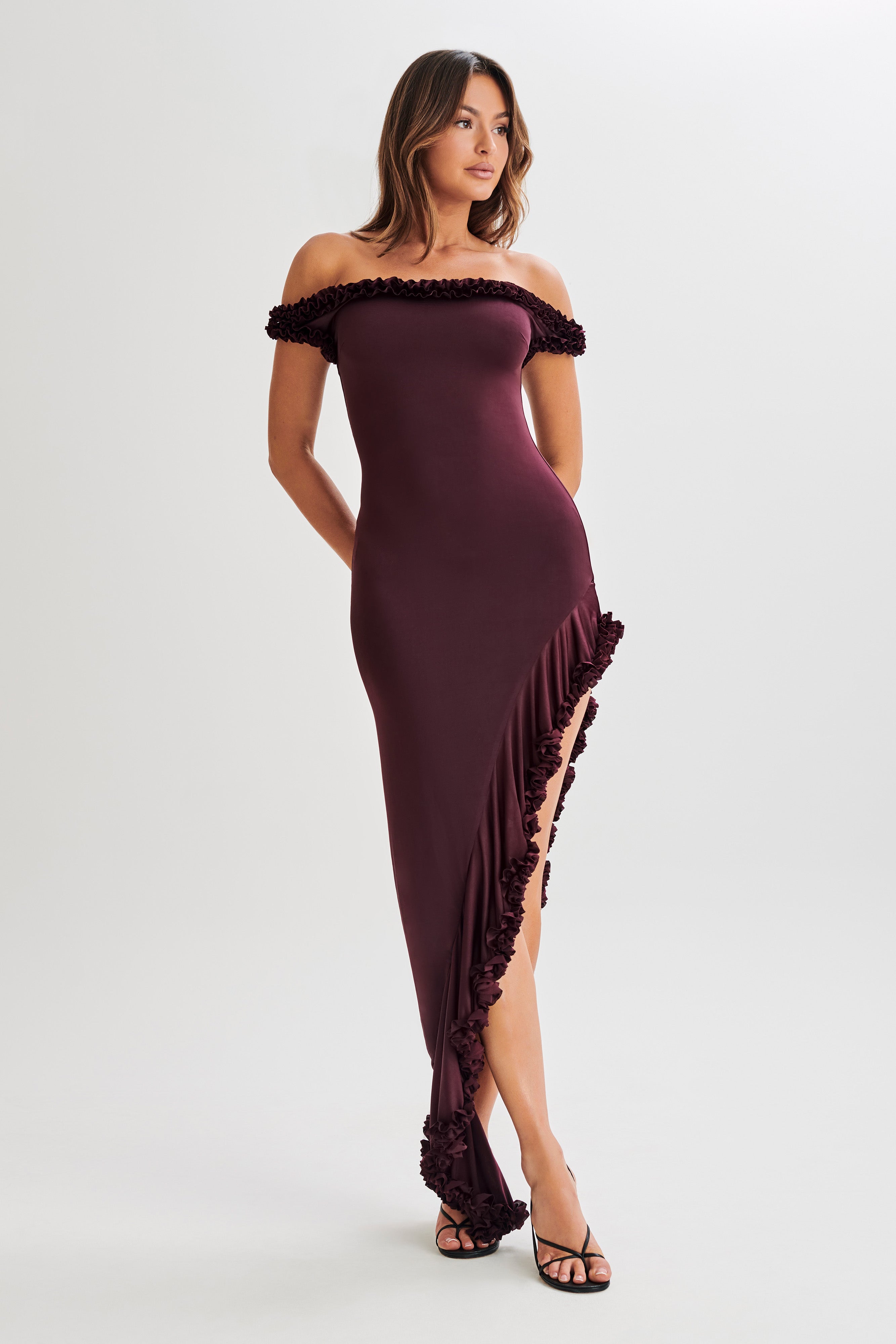 Arielle Off Shoulder Ruffle Midi Dress - Plum - Image 8