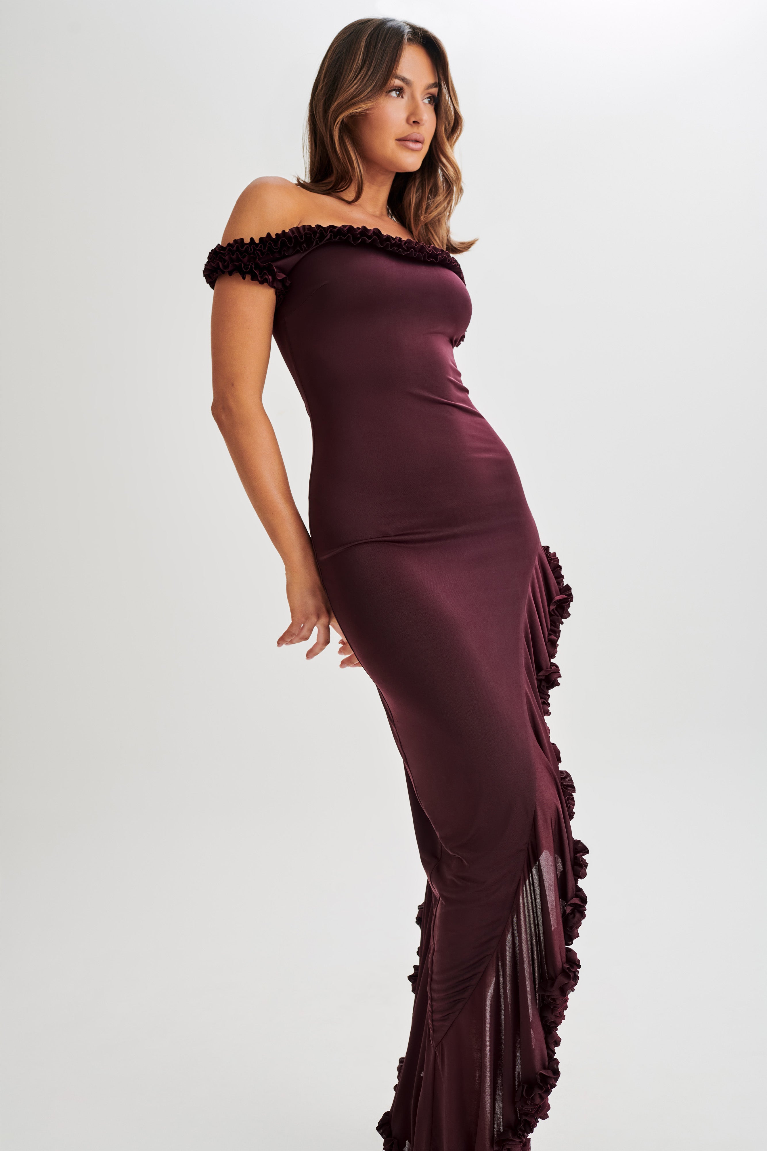 Arielle Off Shoulder Ruffle Midi Dress - Plum - Image 9