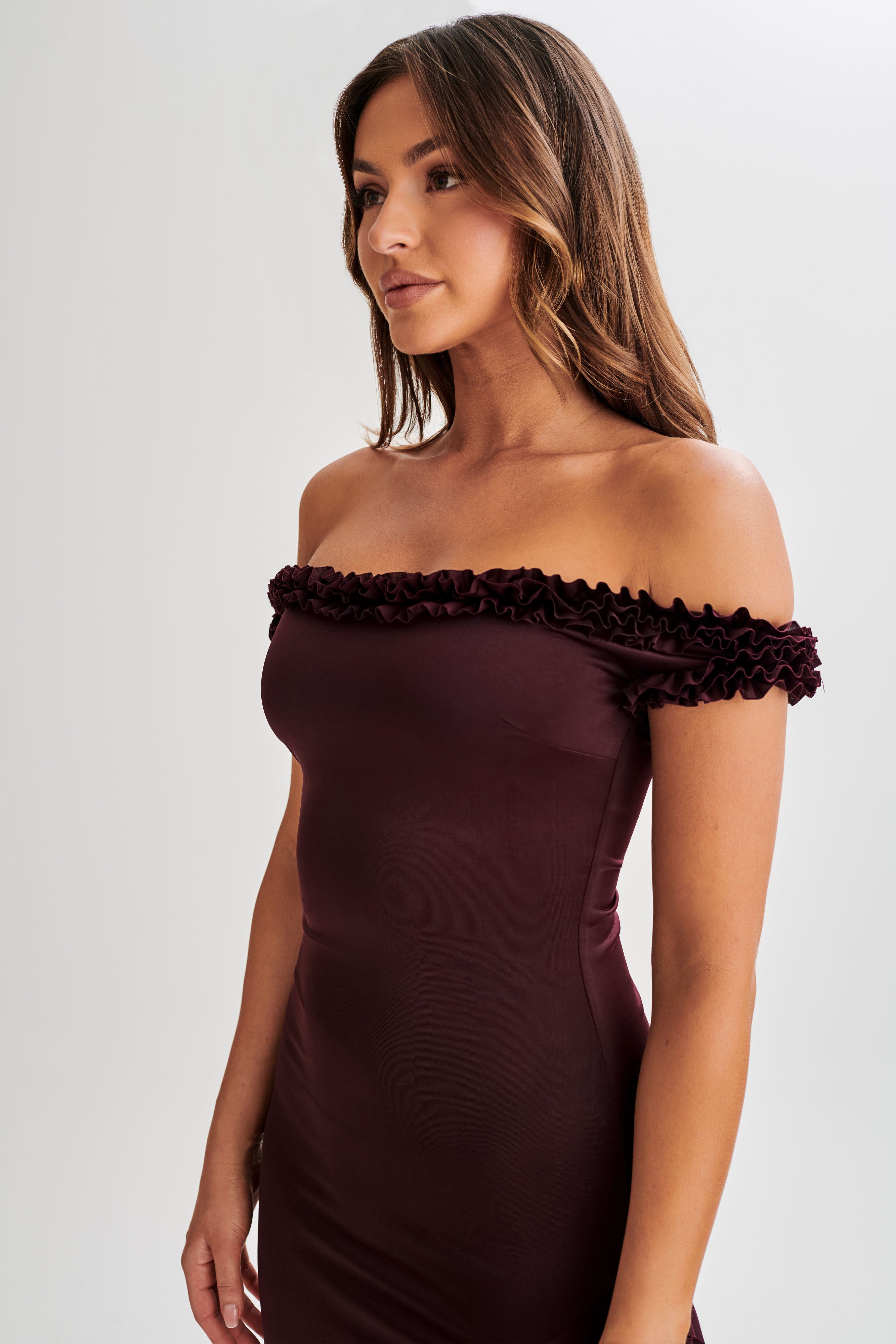 Arielle Off Shoulder Ruffle Midi Dress - Plum - Image 4