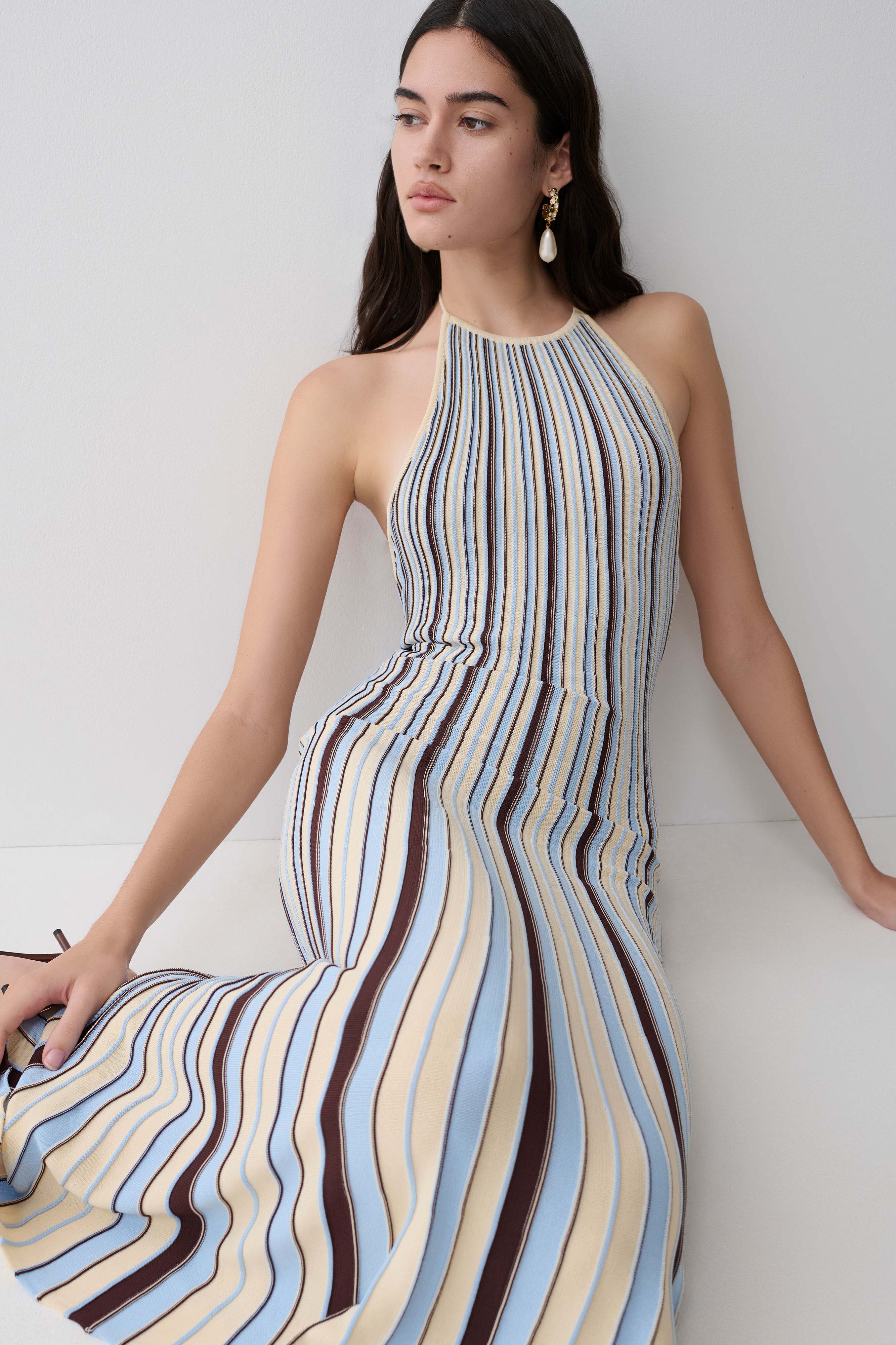 Dalani Halterneck Knit Midi Dress - Blue/Chocolate - Image 6