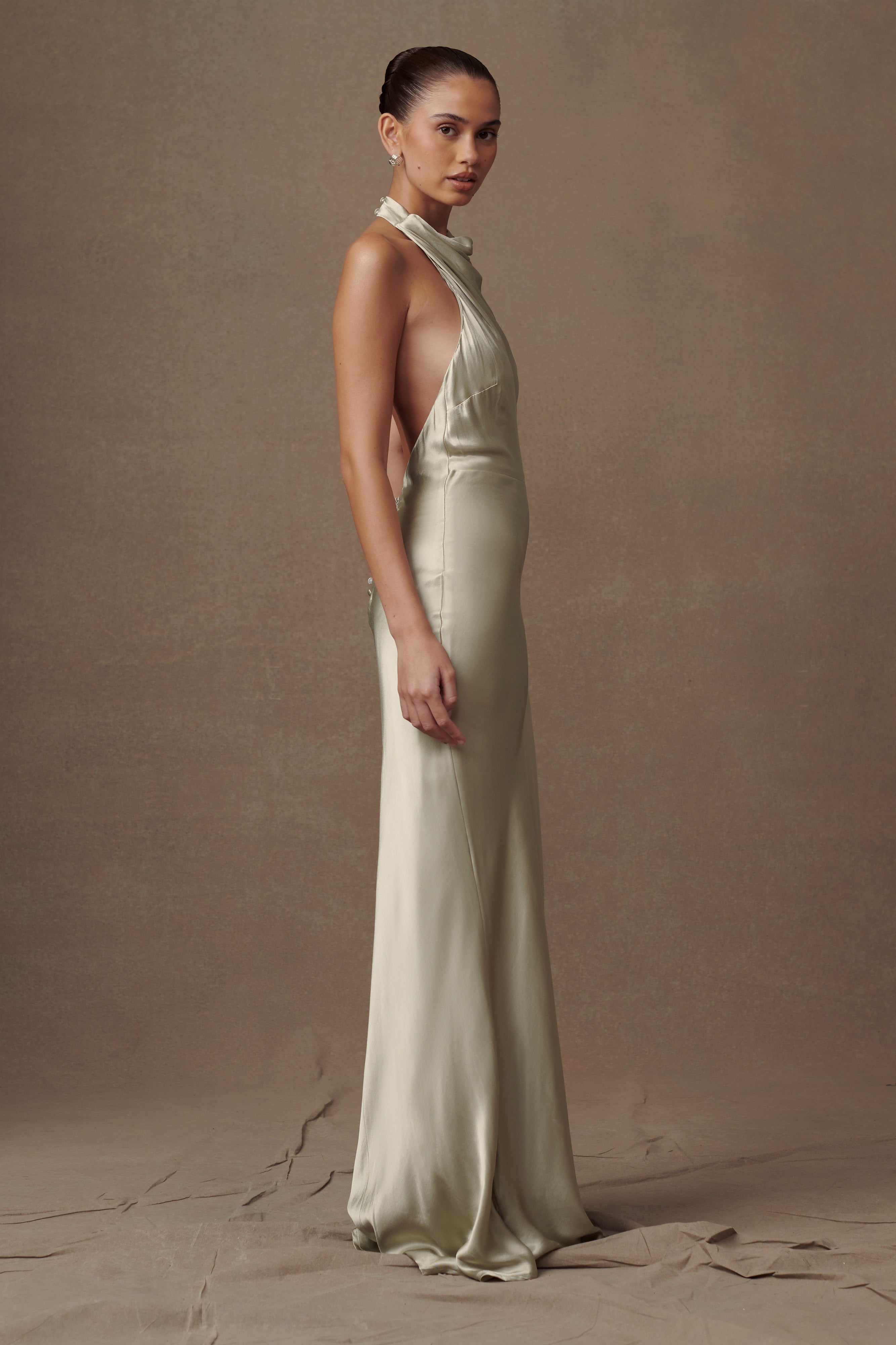 Esther Iridescent Satin Cowl Maxi Dress - Sage - Image 3