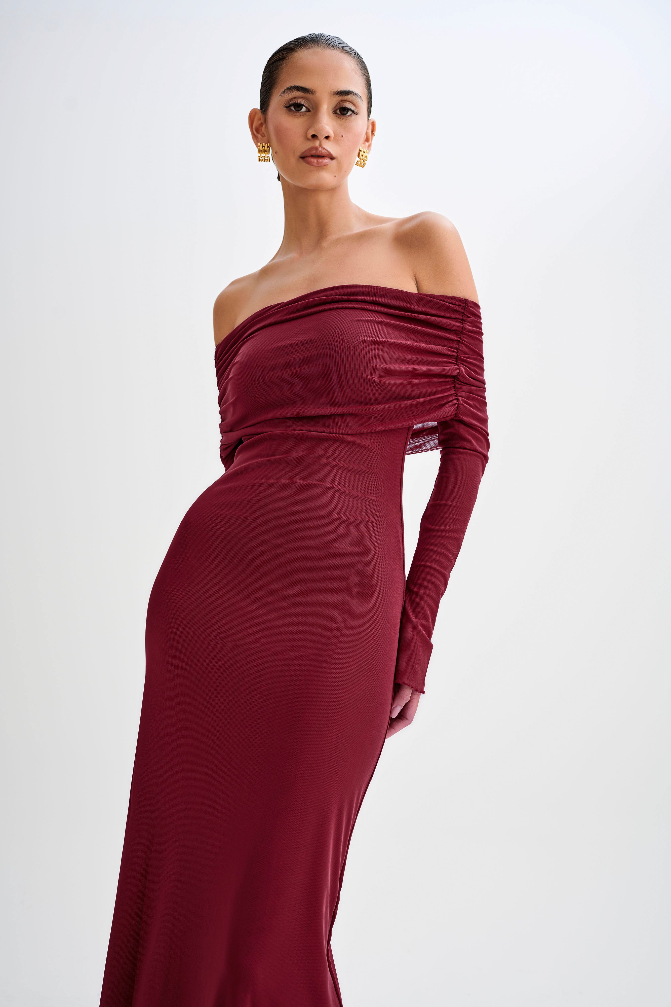 Josie Off Shoulder Mesh Maxi Dress - Wine - Image 7