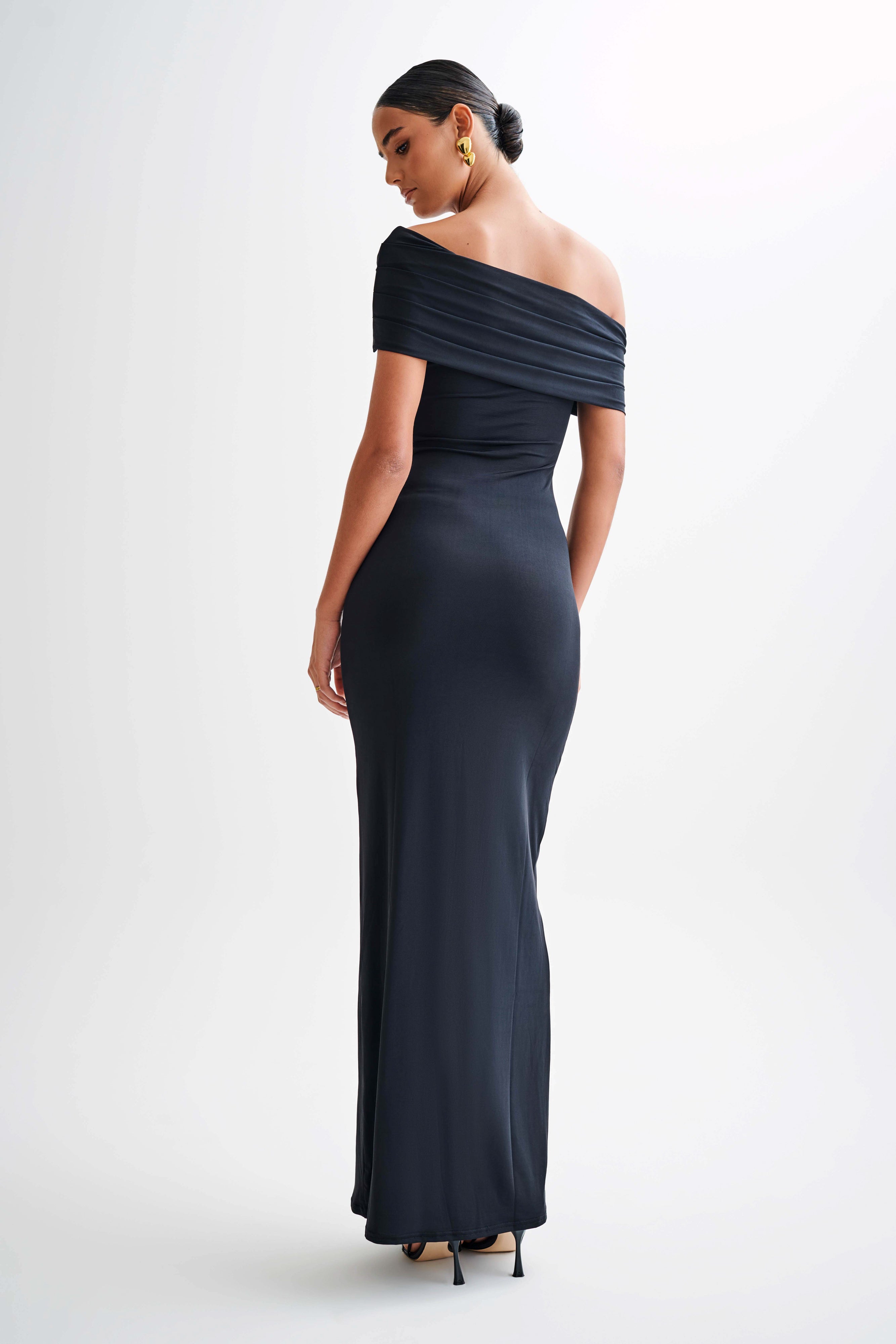 Alternative view of Cassandra Off Shoulder Slinky Maxi Dress - Black