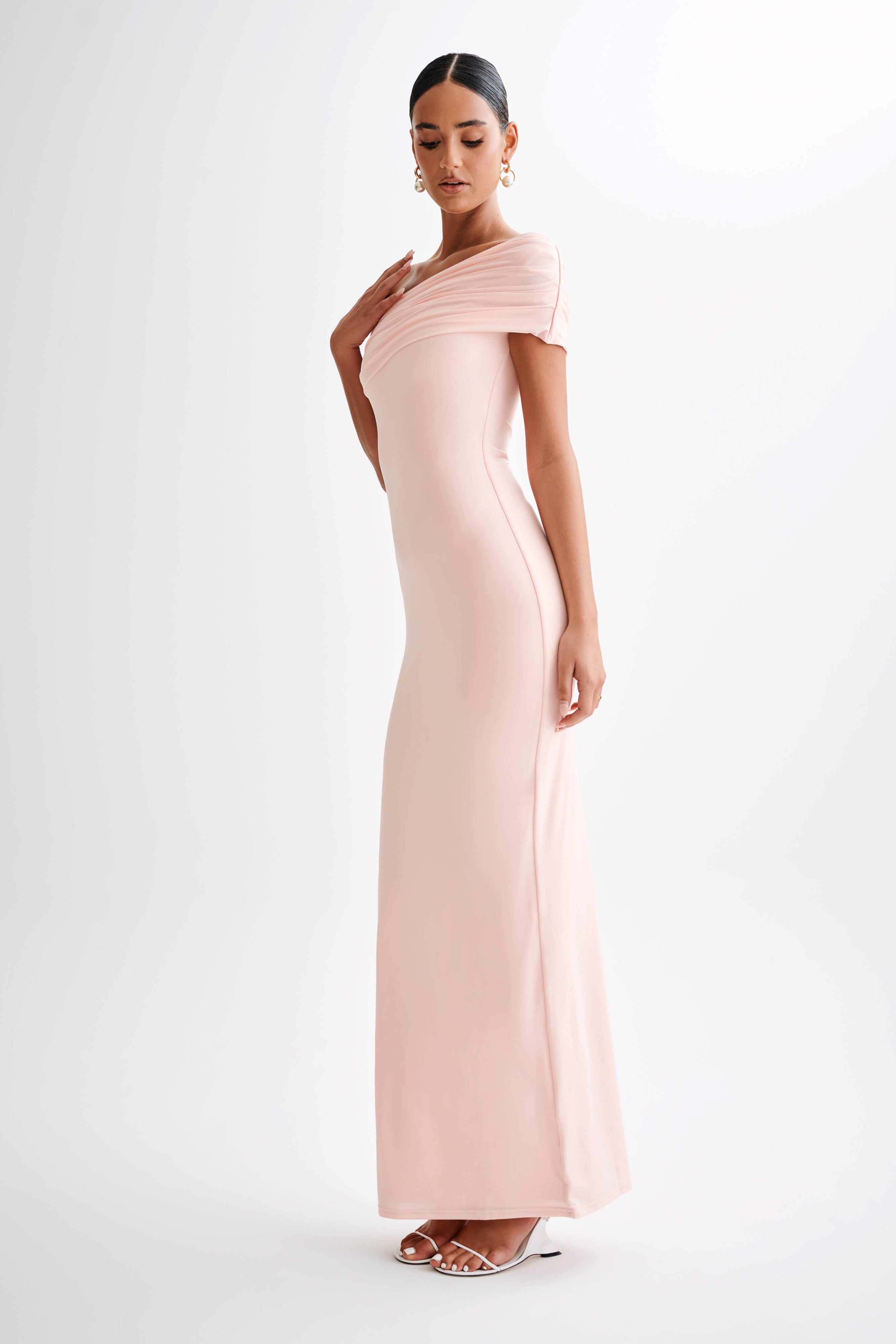 Cassandra Off Shoulder Slinky Maxi Dress - Pale Pink - Image 5