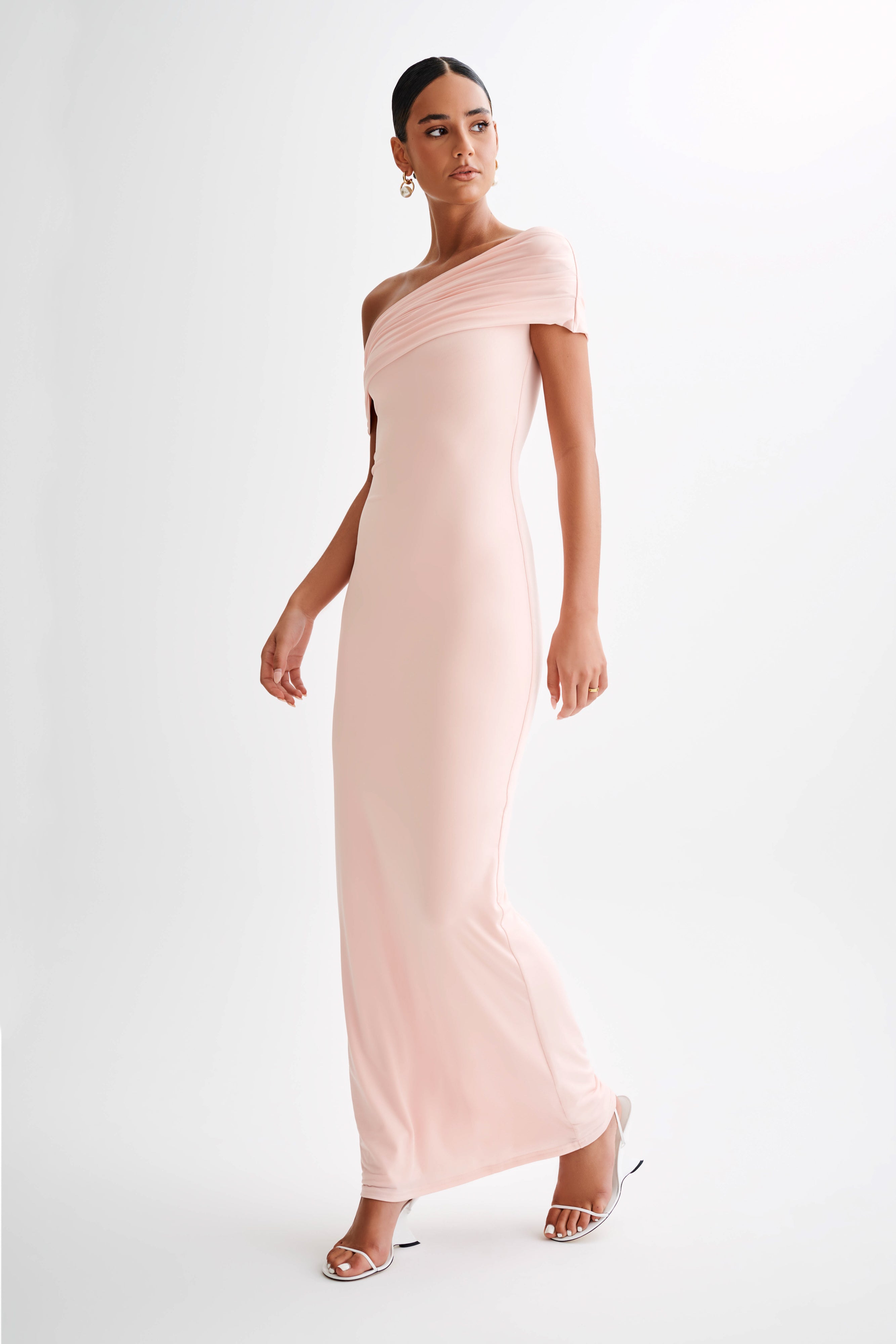 Cassandra Off Shoulder Slinky Maxi Dress - Pale Pink - Image 4