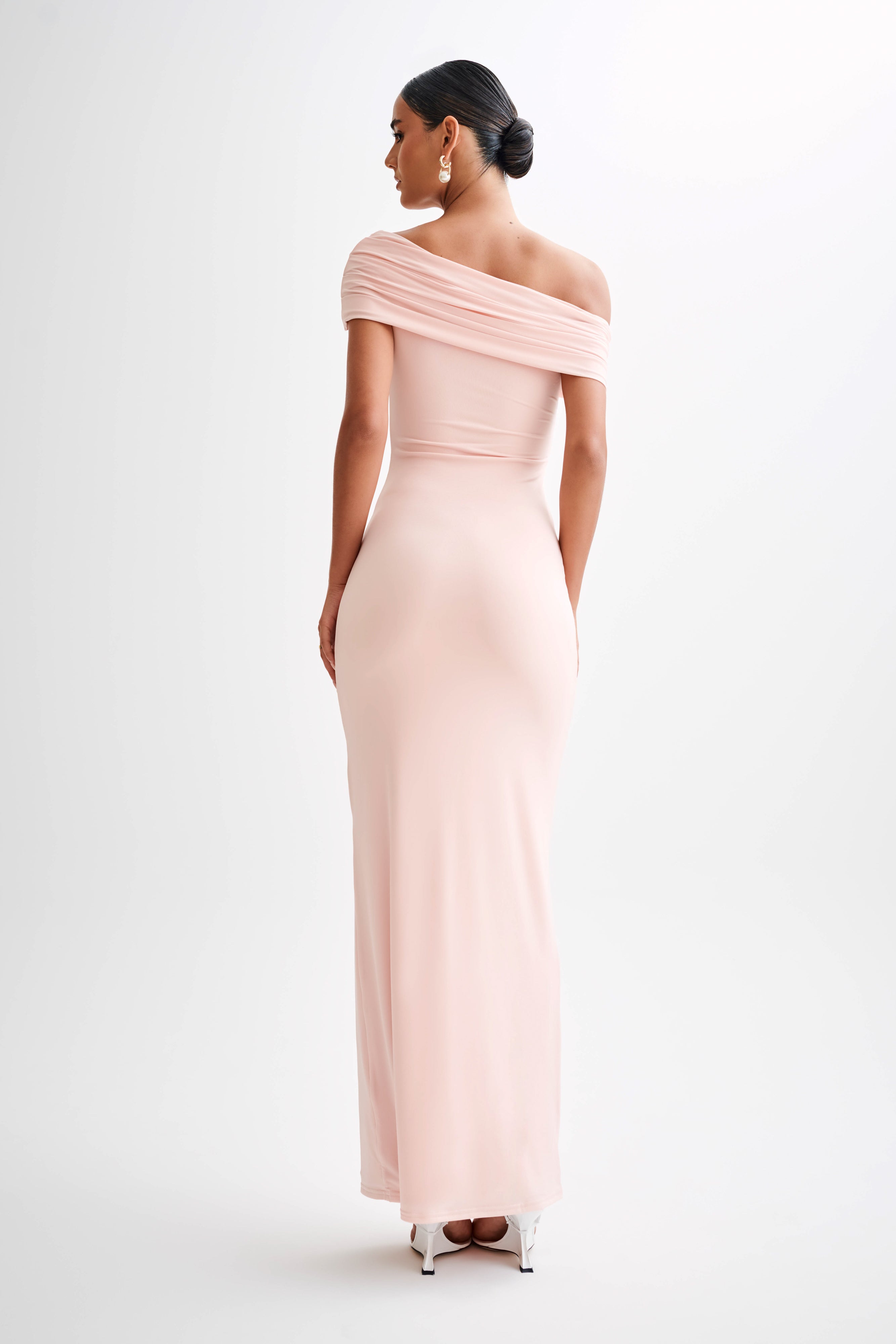 Cassandra Off Shoulder Slinky Maxi Dress - Pale Pink - Image 3