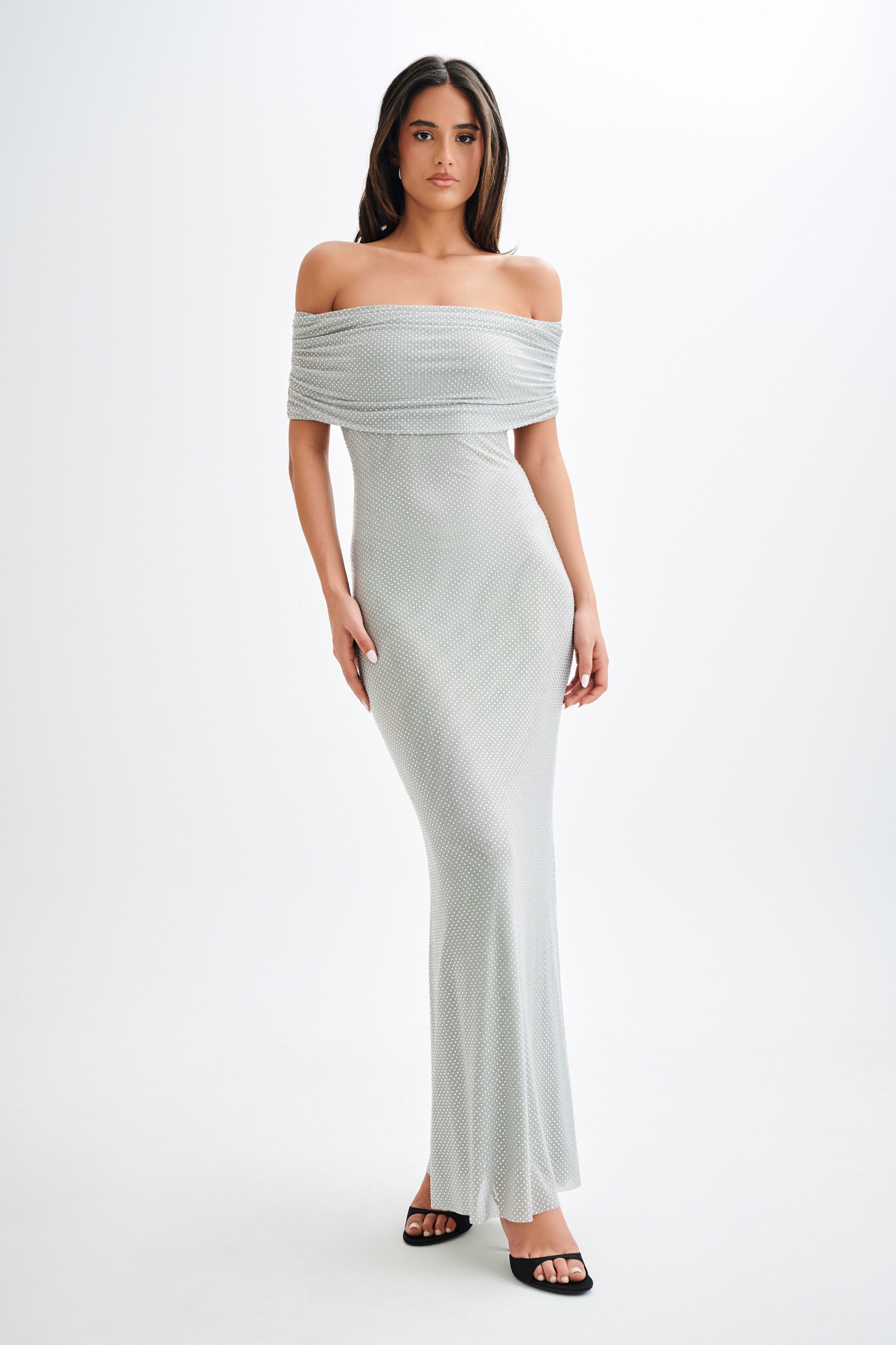 Arna Off Shoulder Diamante Maxi Dress - Silver - Image 3
