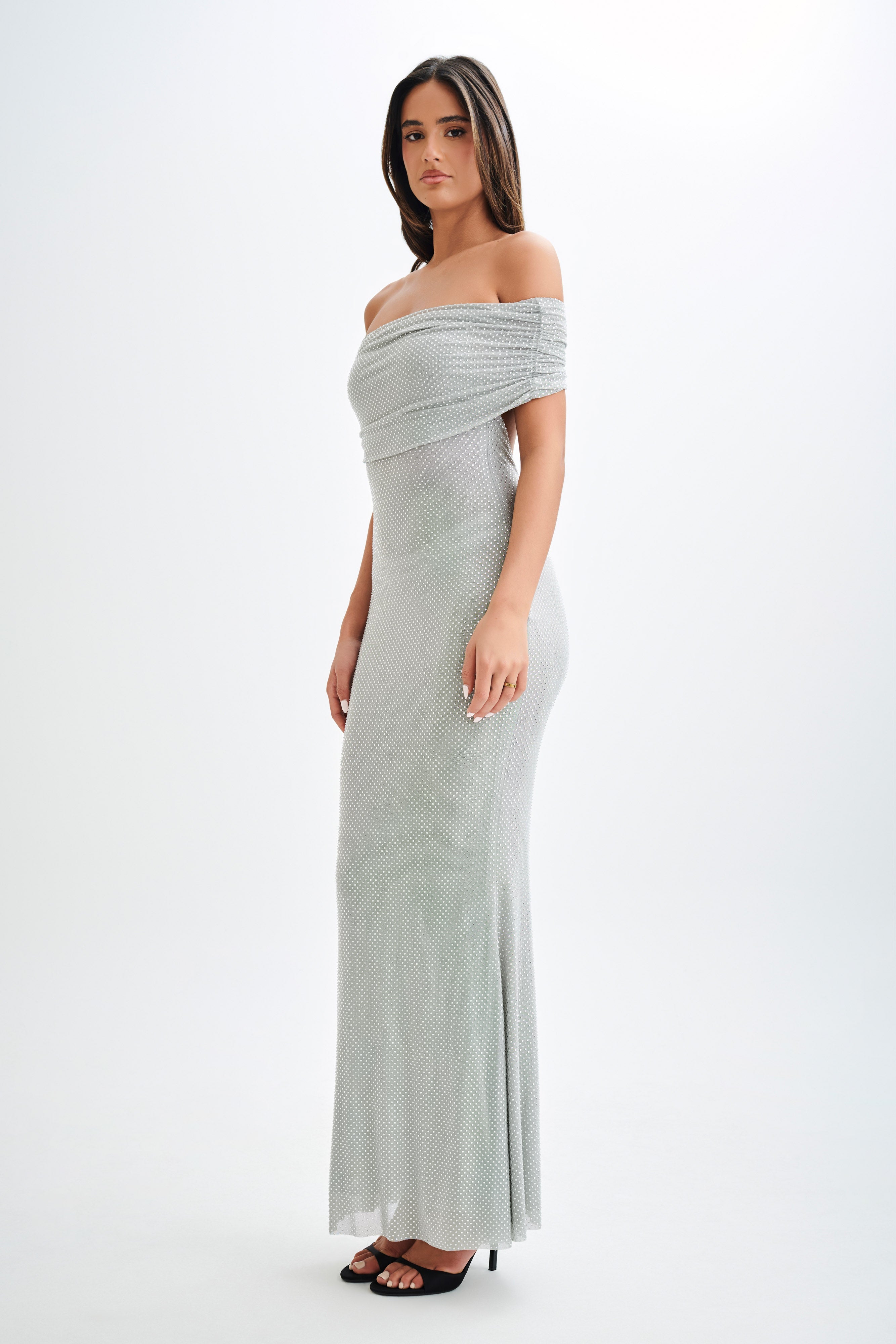 Arna Off Shoulder Diamante Maxi Dress - Silver - Image 6
