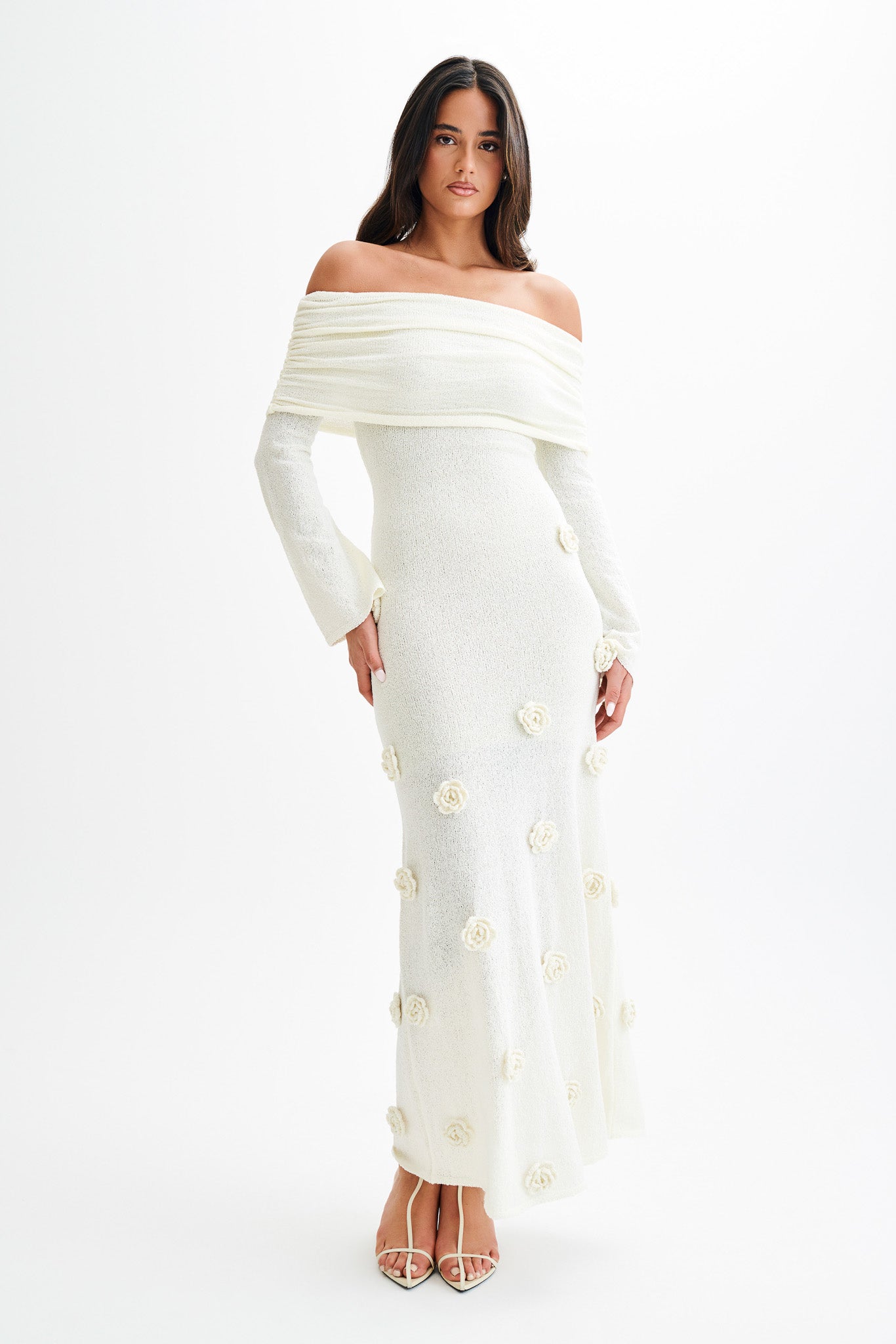 Kiki Off Shoulder Knit Rose Maxi Dress - Ivory - Image 6
