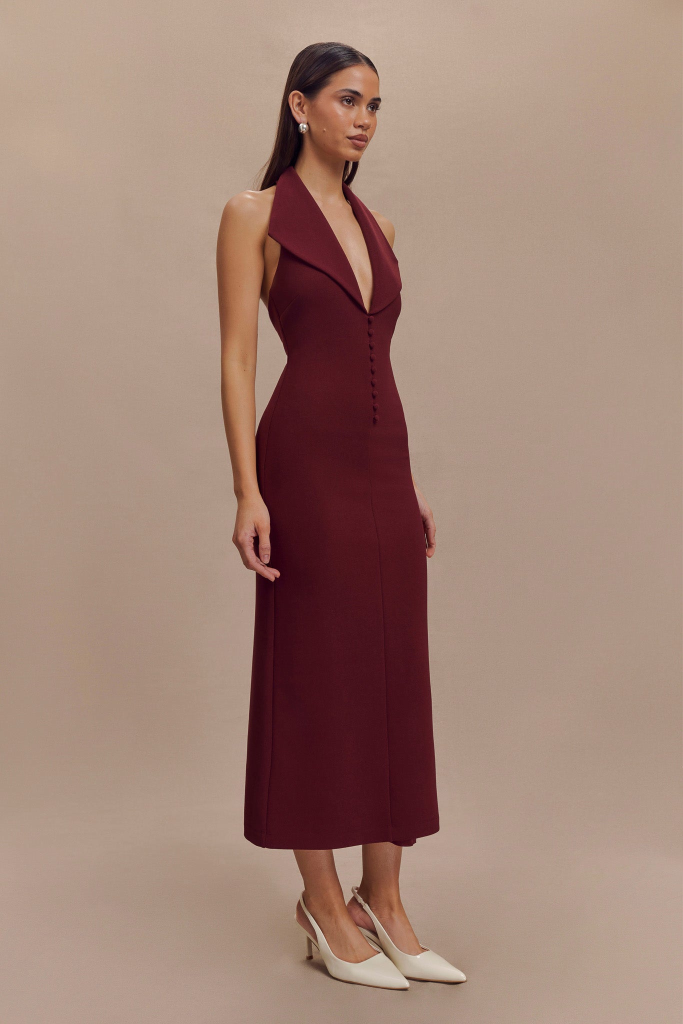 Annita Crepe Halter Midi Dress - Merlot - Image 3