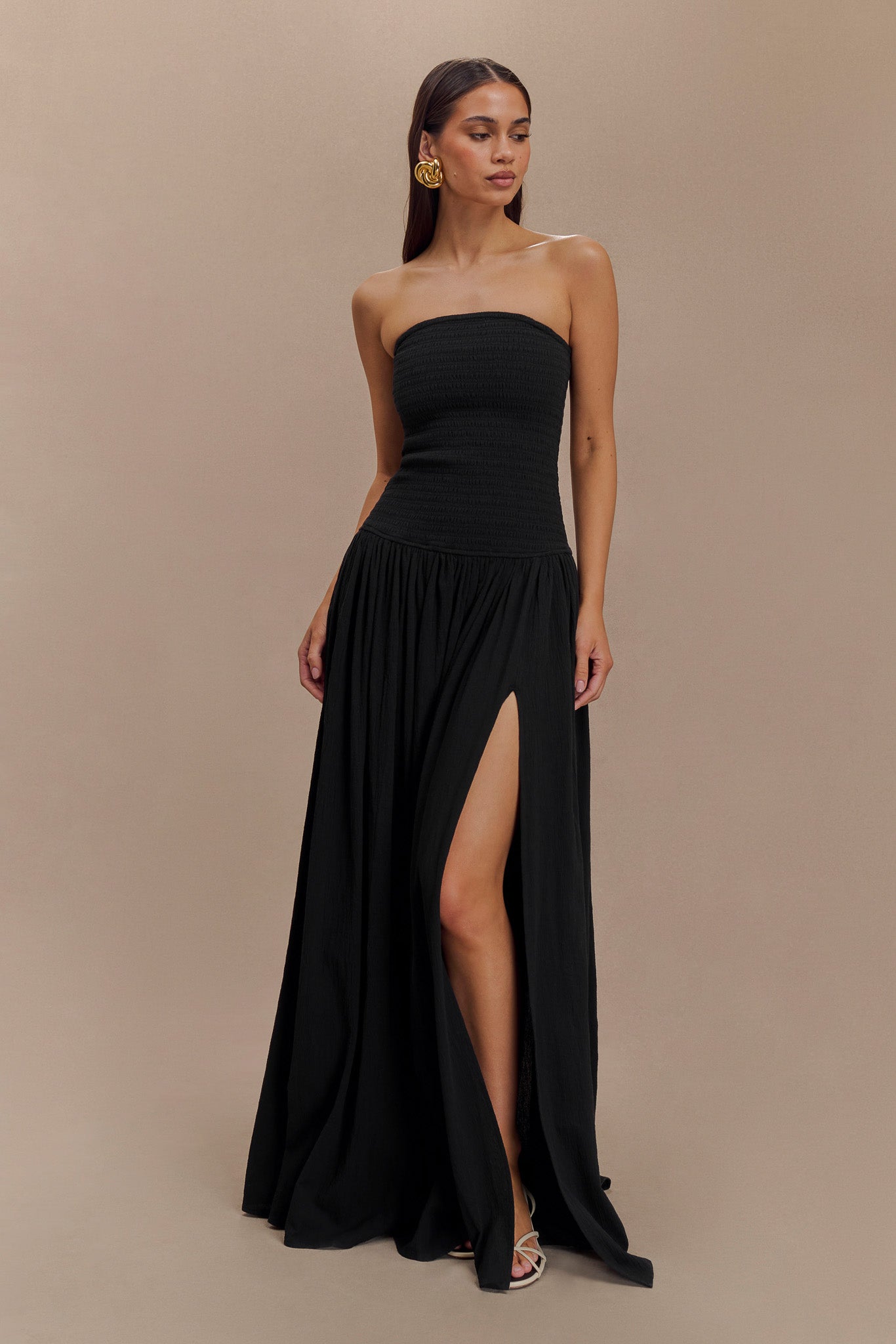 Maureen Cotton Shirring Maxi Dress - Black - Image 4