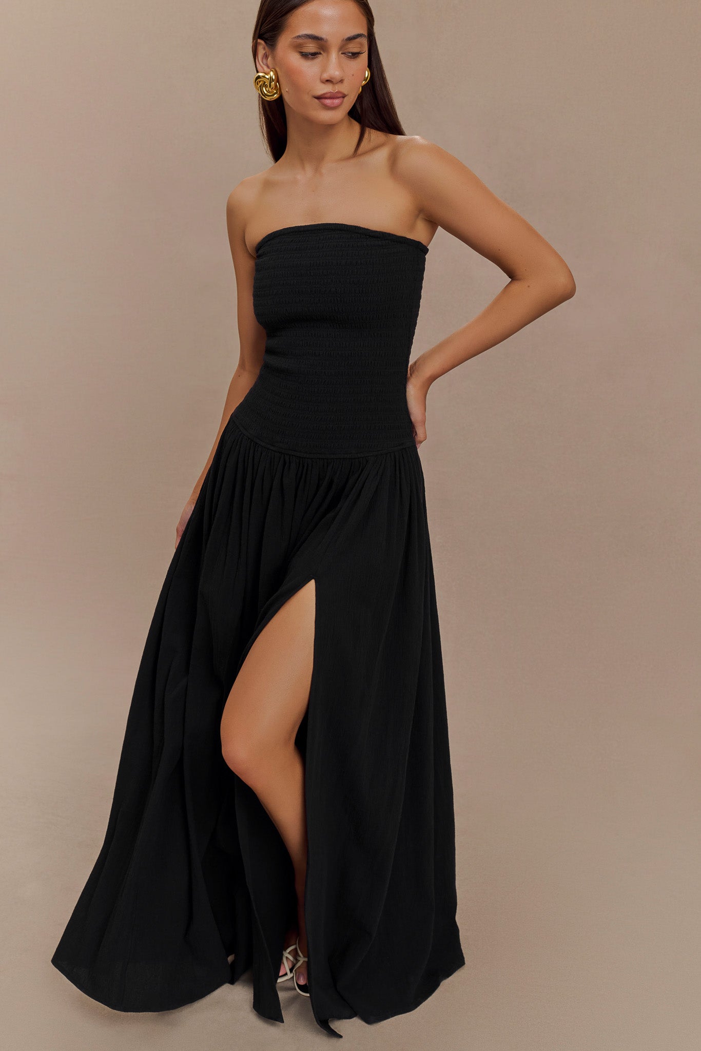 Maureen Cotton Shirring Maxi Dress - Black - Image 3