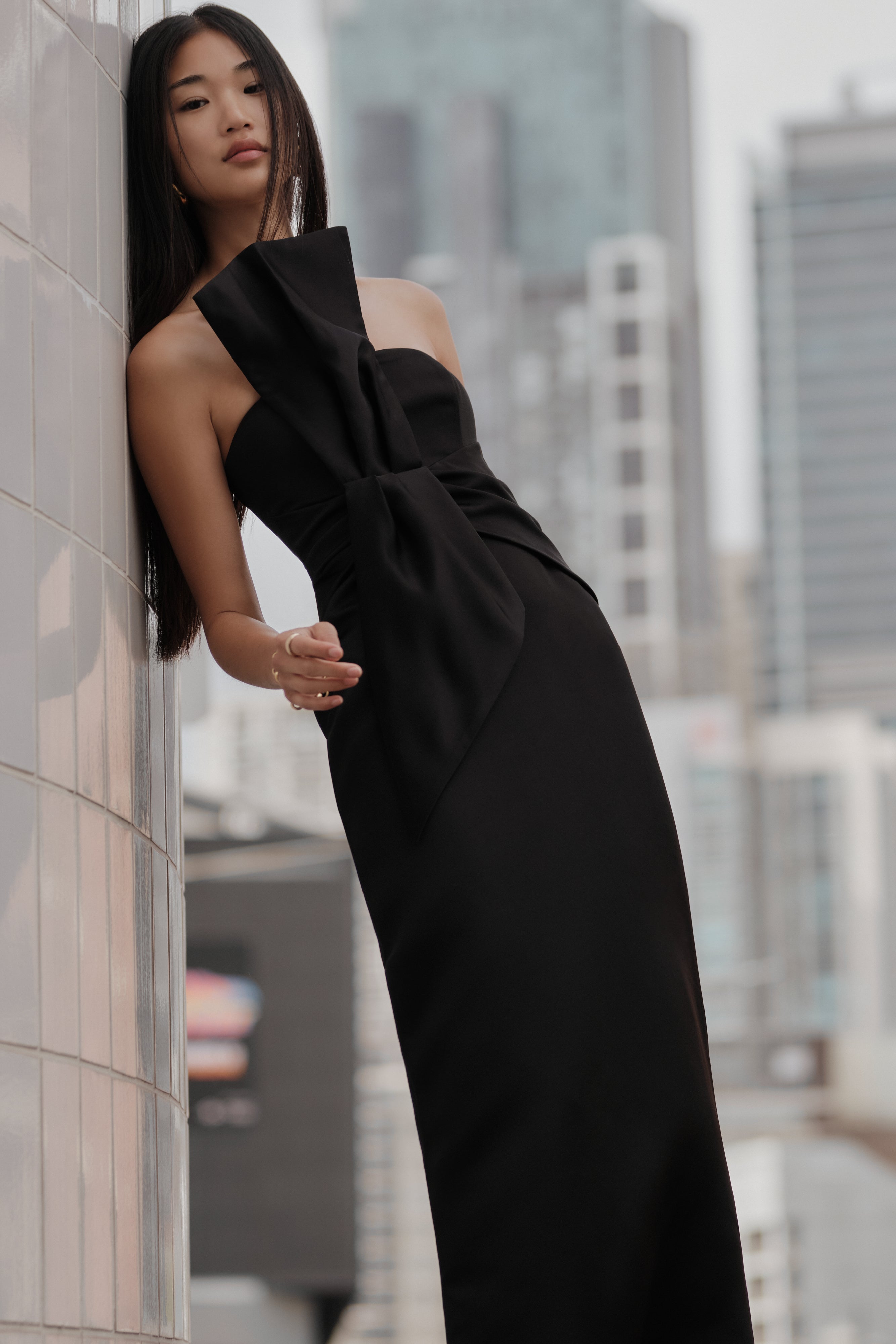 Cyrill Strapless Satin Structured Maxi Dress - Black - Image 8