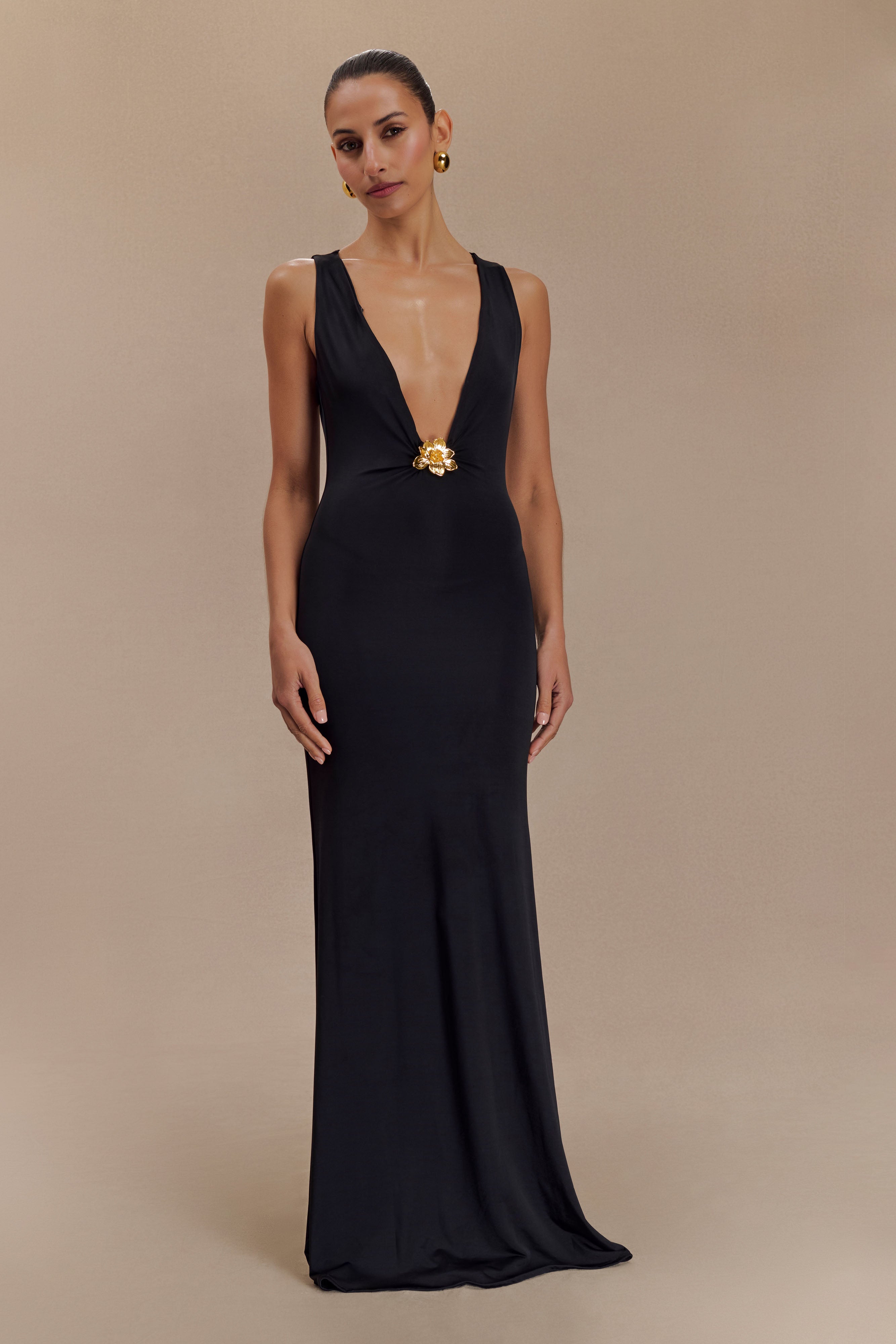 Beck Plunge Maxi Dress With Floral Hardware - Black - Image 4