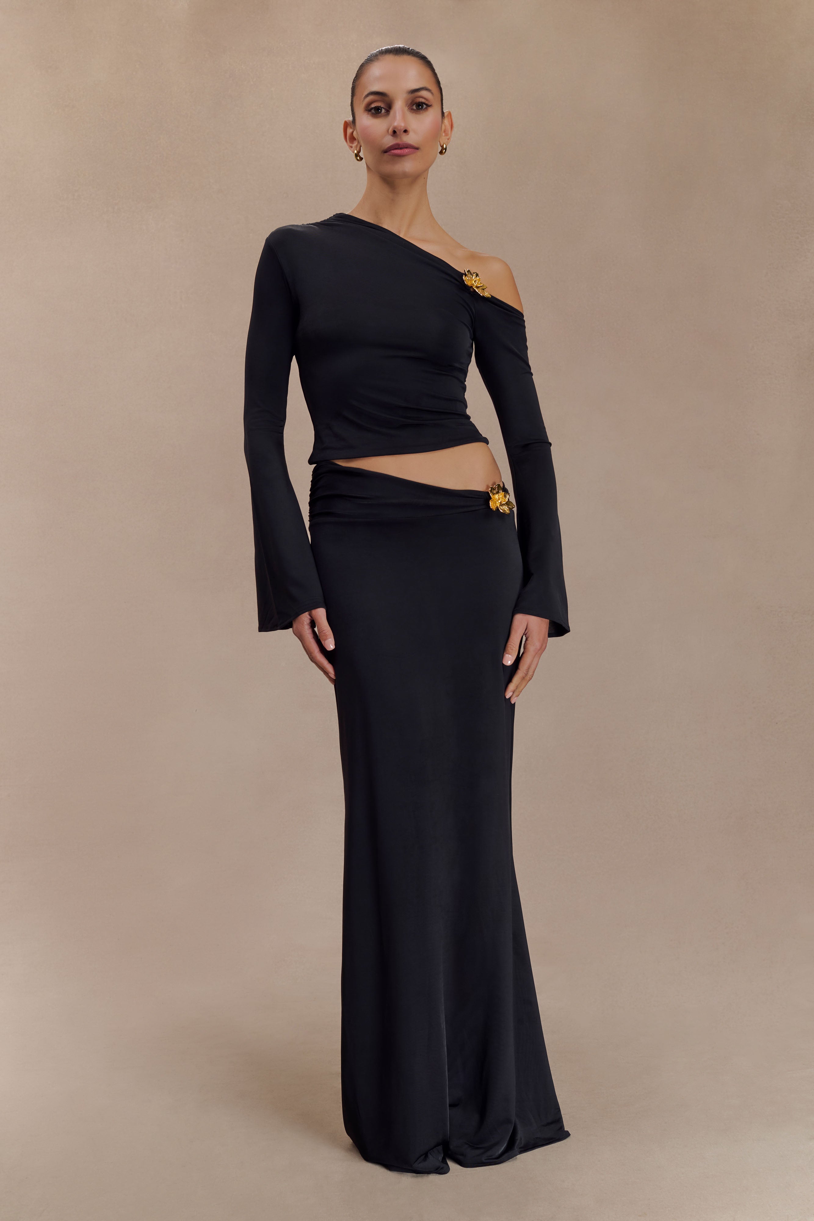 Ainsley Asymmetrical Maxi Skirt With Floral Hardware - Black - Image 6