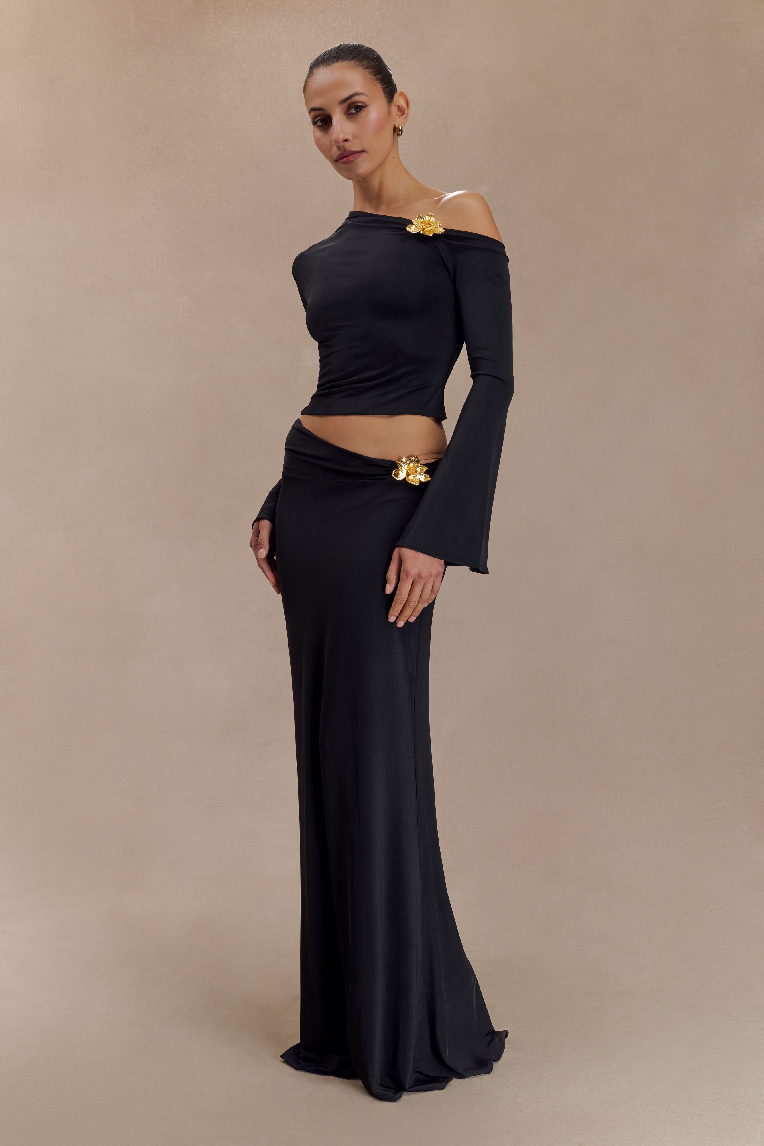 Ainsley Asymmetrical Maxi Skirt With Floral Hardware - Black - Image 7