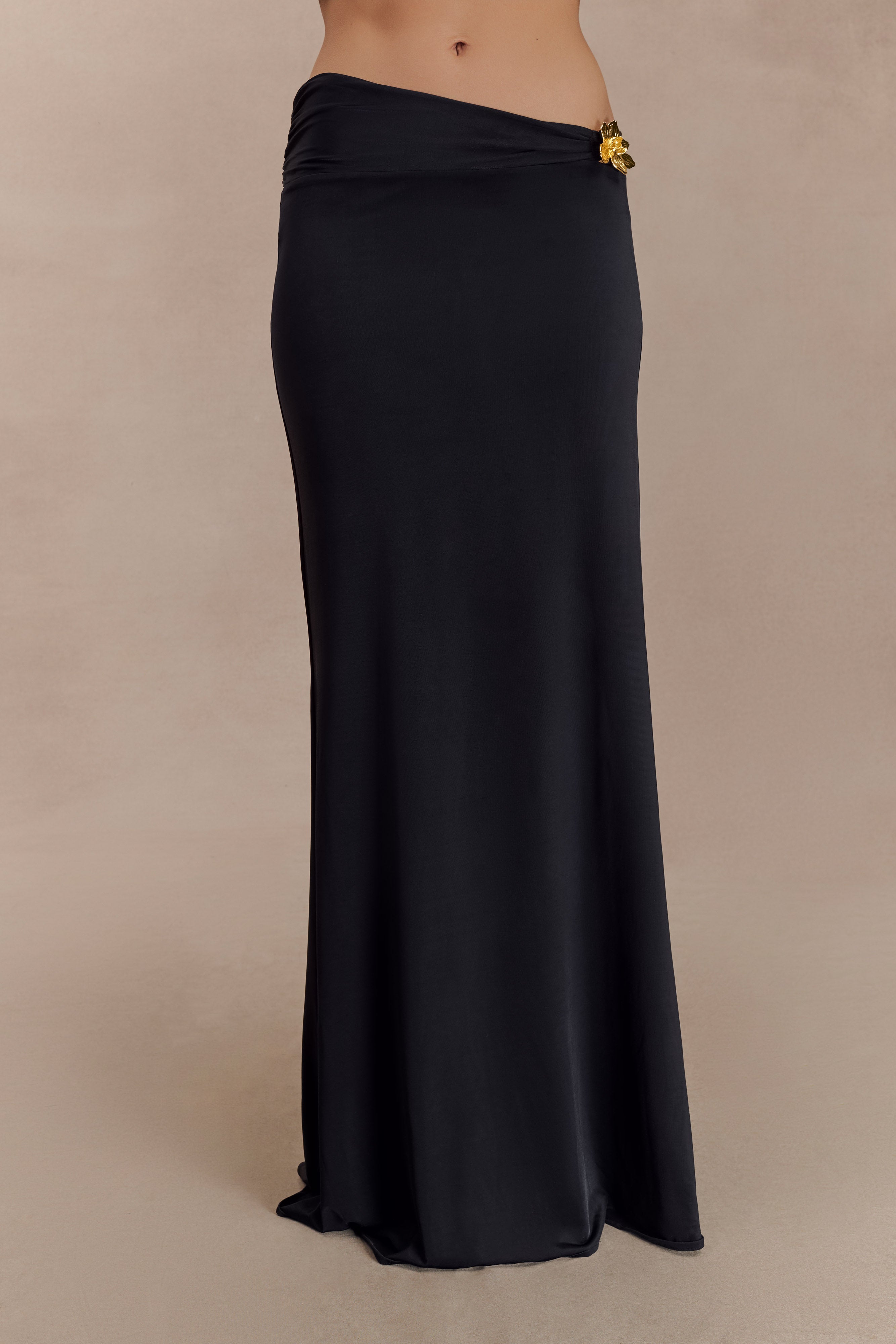 Ainsley Asymmetrical Maxi Skirt With Floral Hardware - Black - Image 3