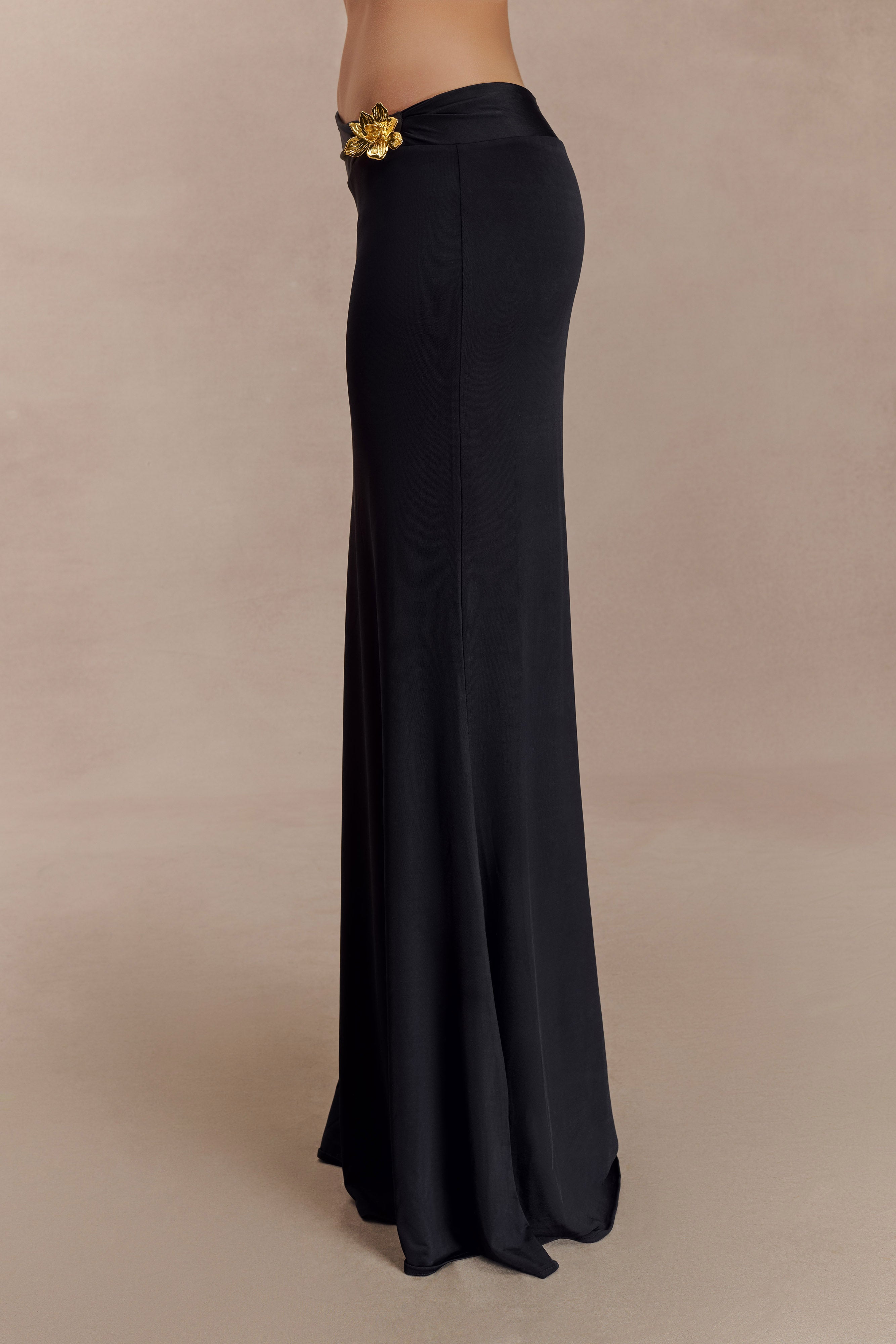 Ainsley Asymmetrical Maxi Skirt With Floral Hardware - Black - Image 4