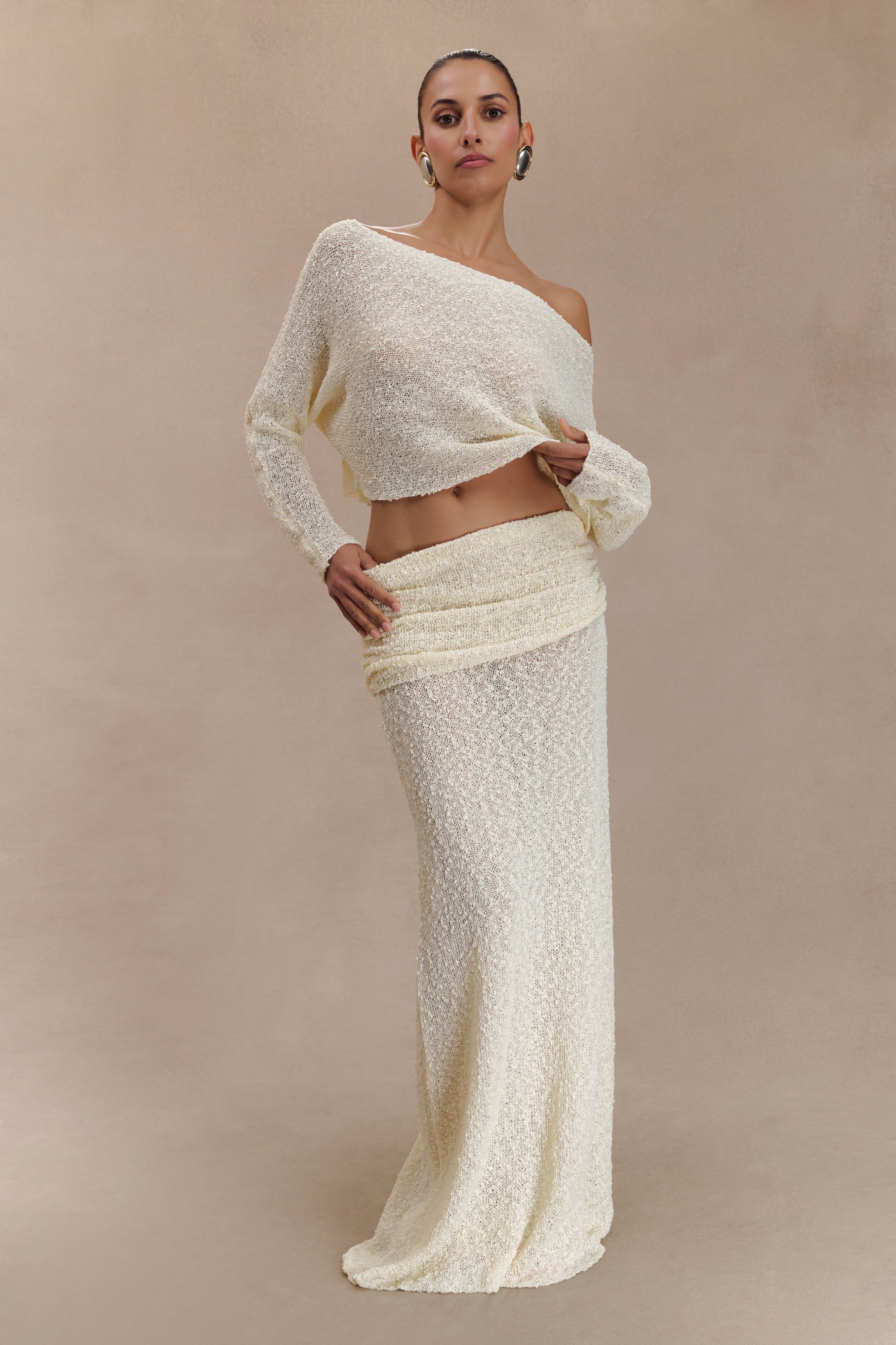 Petra Ruched Knit Maxi Skirt - Ivory - Image 4