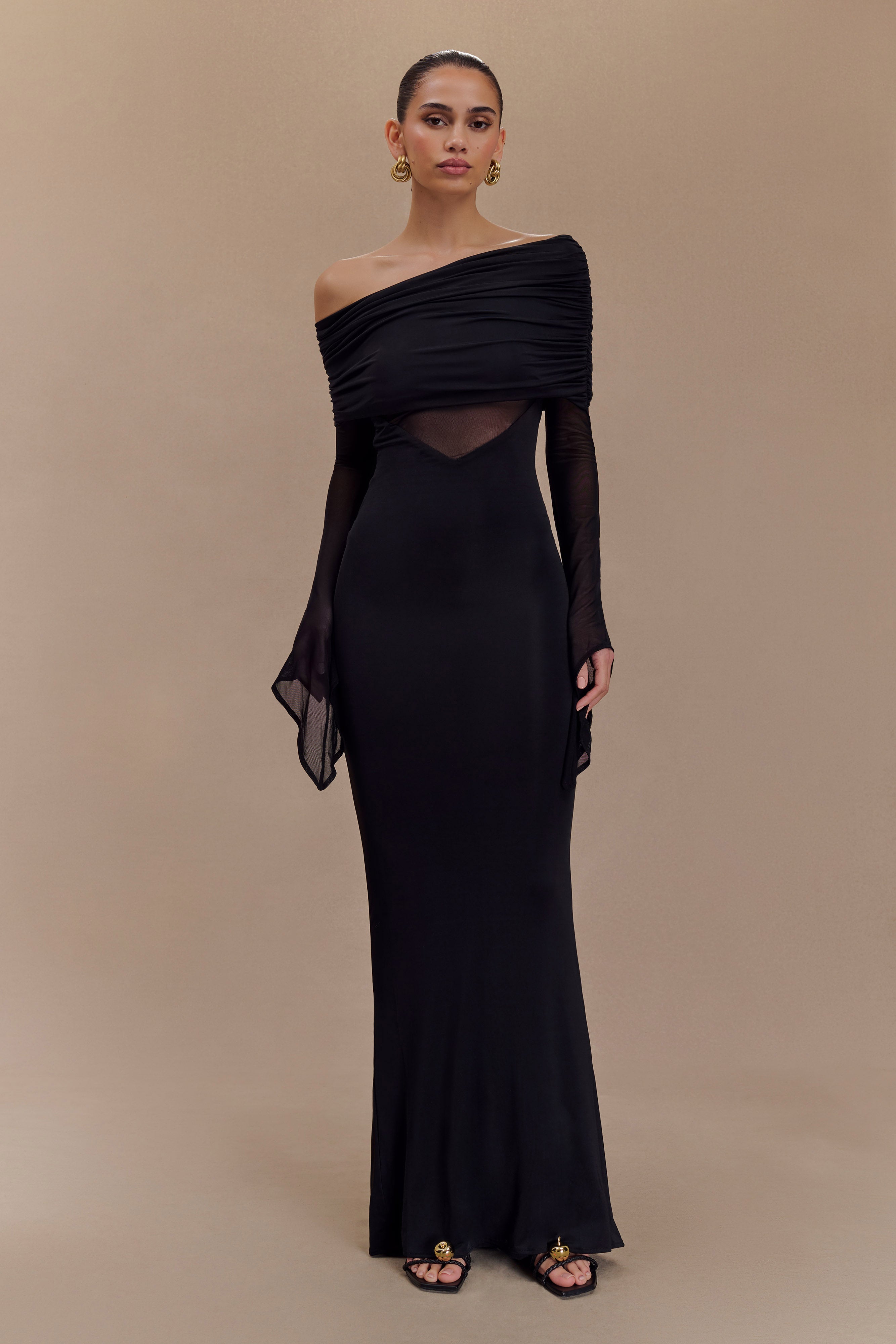 Kaitlin One Shoulder Slinky And Mesh Maxi Dress - Black - Image 5