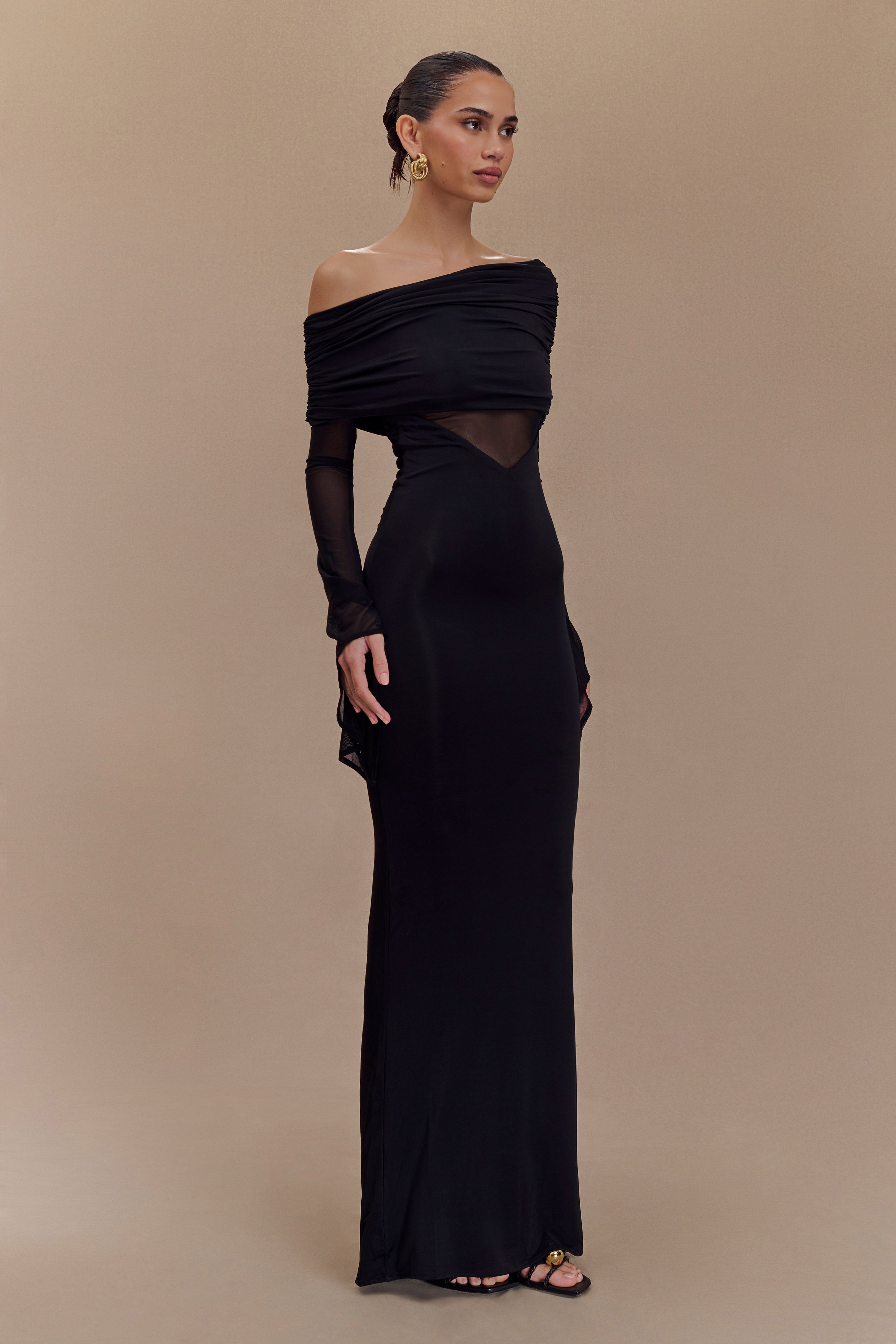 Kaitlin One Shoulder Slinky And Mesh Maxi Dress - Black - Image 3