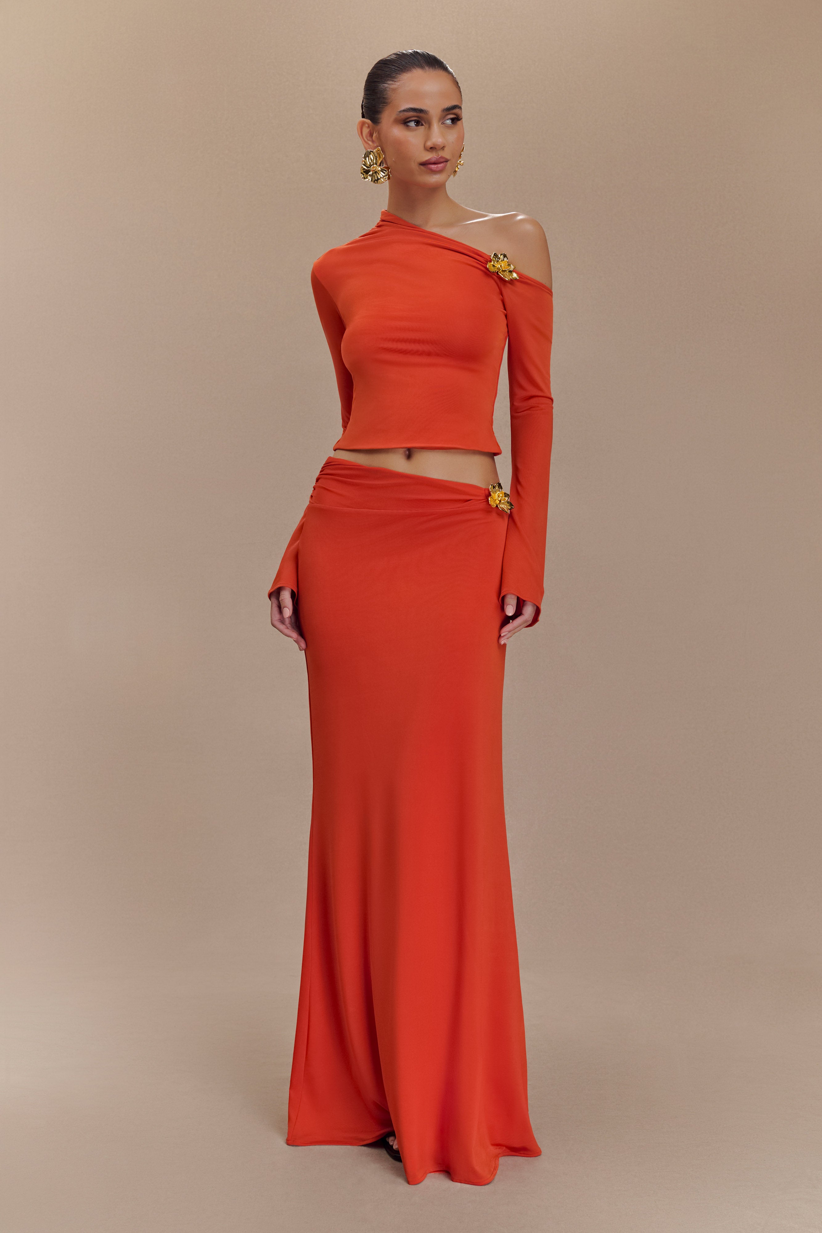 Ainsley Asymmetrical Long Sleeve Top With Floral Hardware - Burnt Orange - Image 3