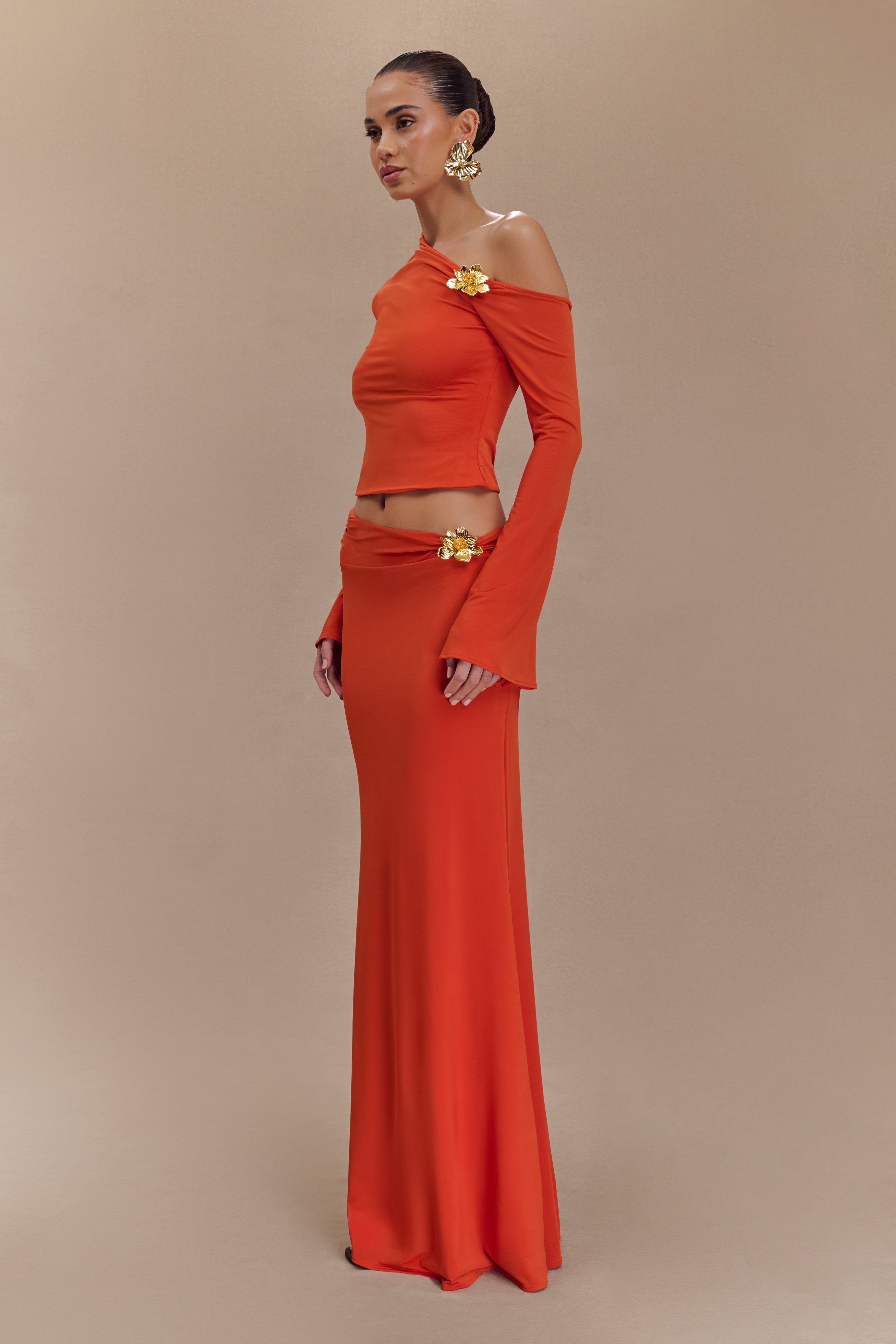 Ainsley Asymmetrical Maxi Skirt With Floral Hardware - Burnt Orange - Image 3
