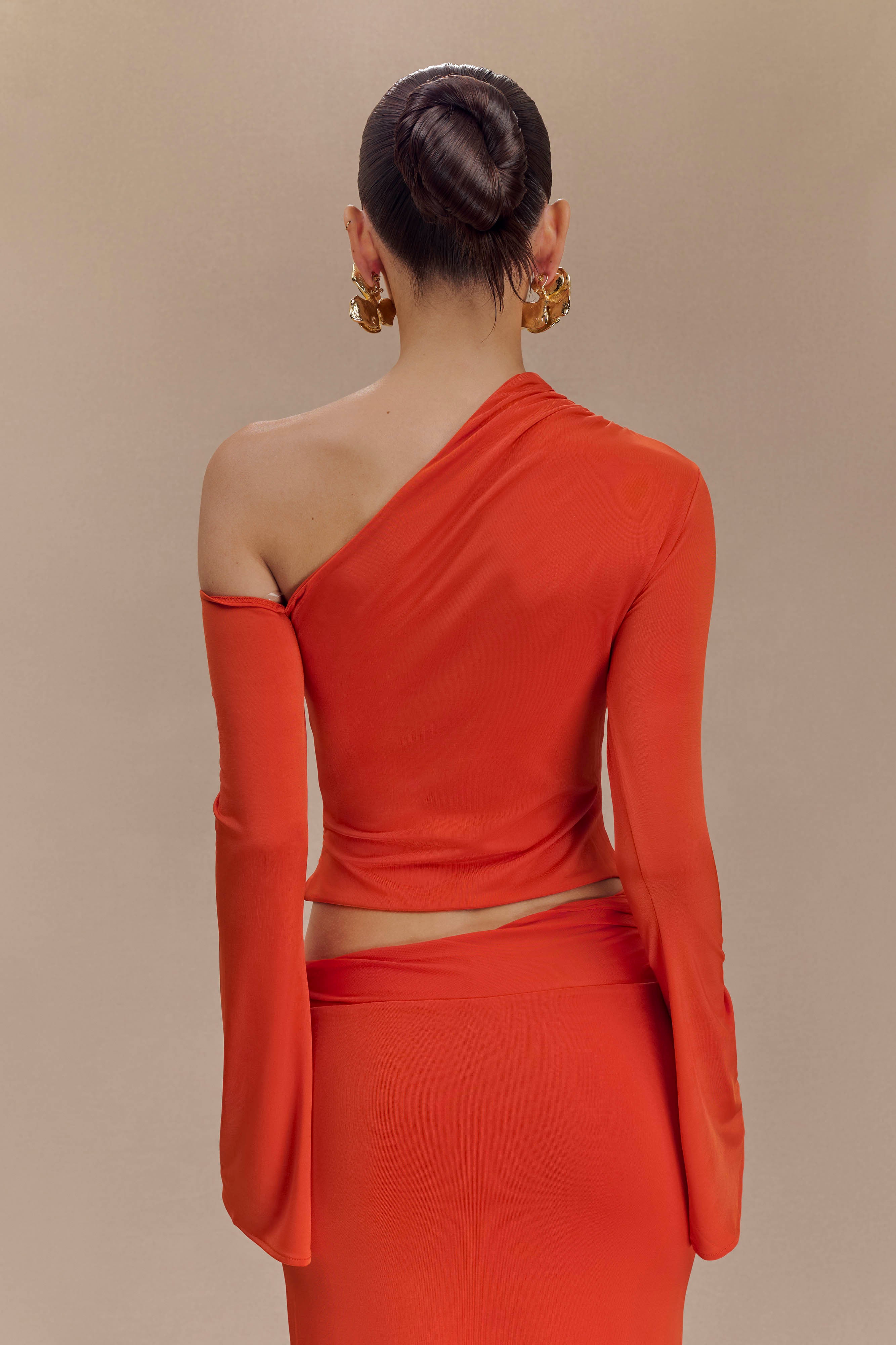 Alternative view of Ainsley Asymmetrical Long Sleeve Top With Floral Hardware - Burnt Orange