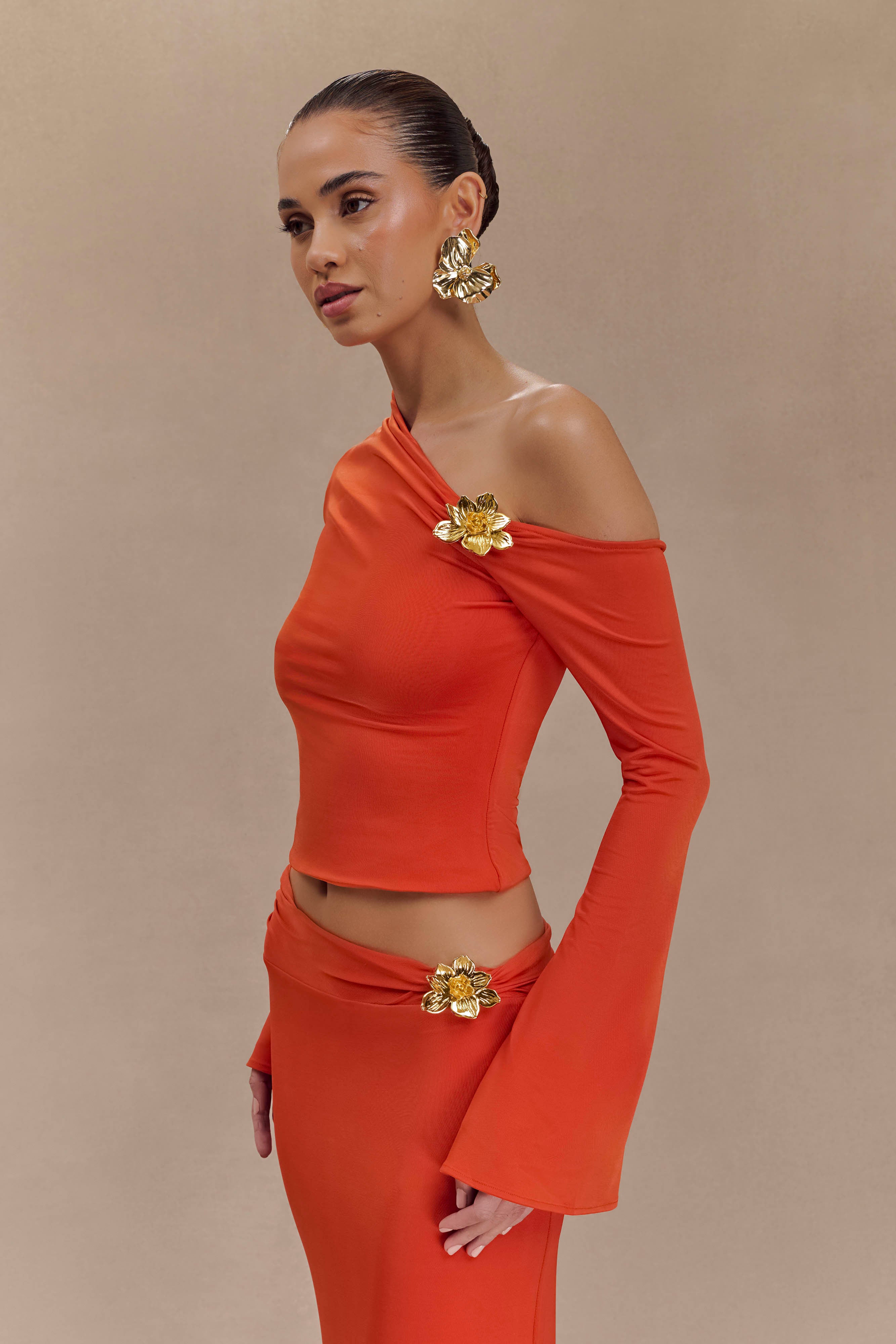 Ainsley Asymmetrical Long Sleeve Top With Floral Hardware - Burnt Orange - Image 4