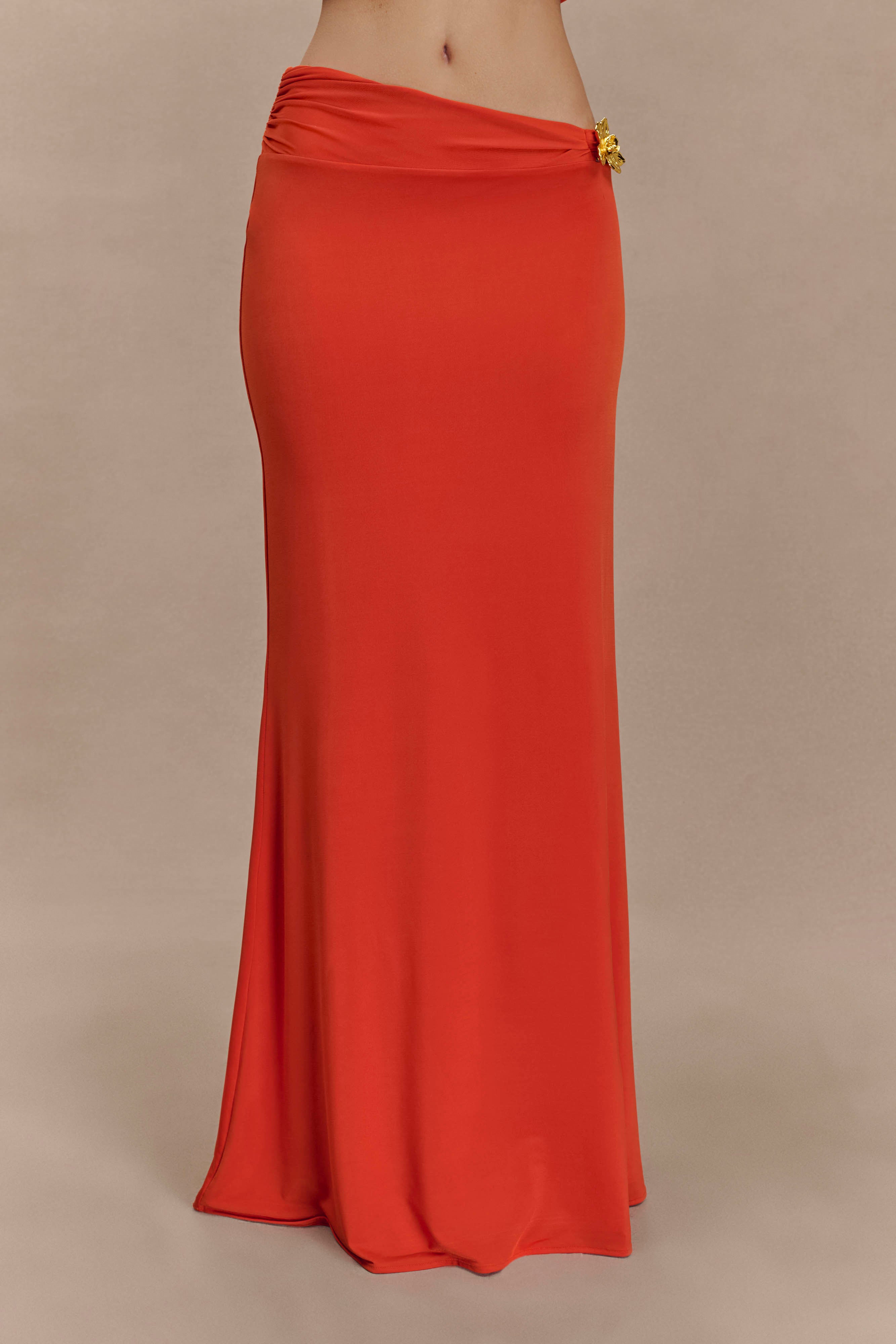 Ainsley Asymmetrical Maxi Skirt With Floral Hardware - Burnt Orange - Image 5