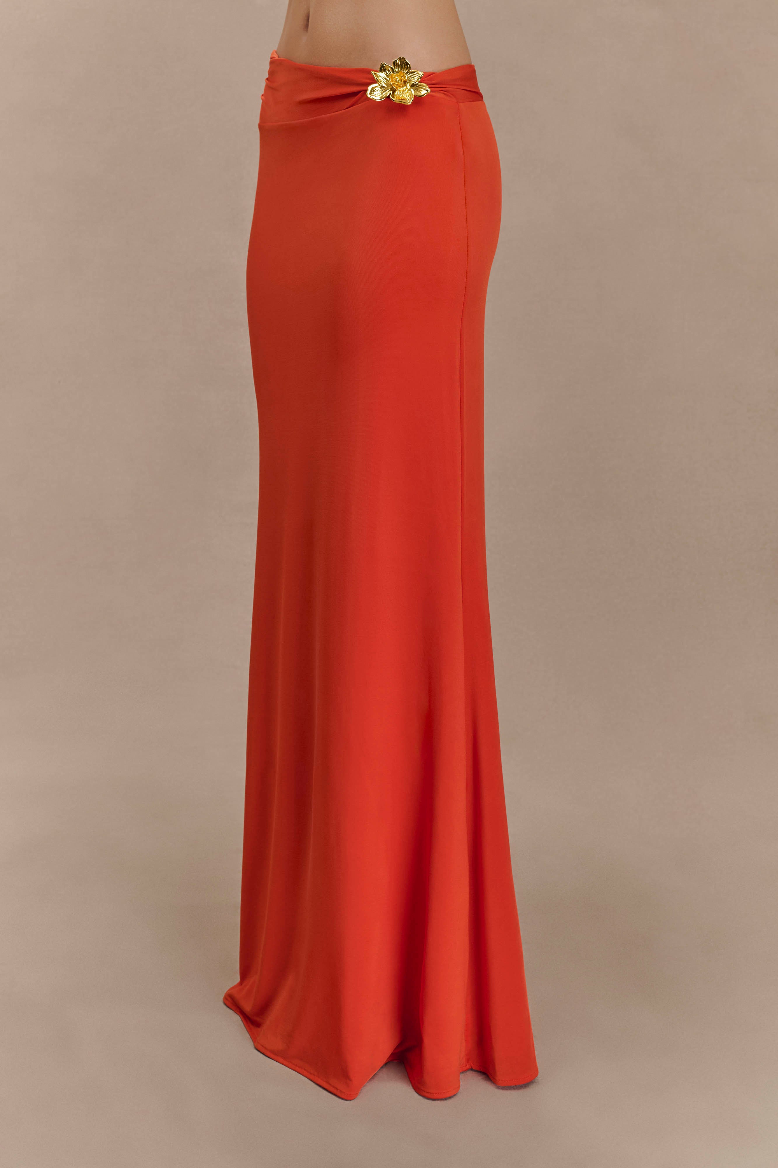 Ainsley Asymmetrical Maxi Skirt With Floral Hardware - Burnt Orange - Image 6
