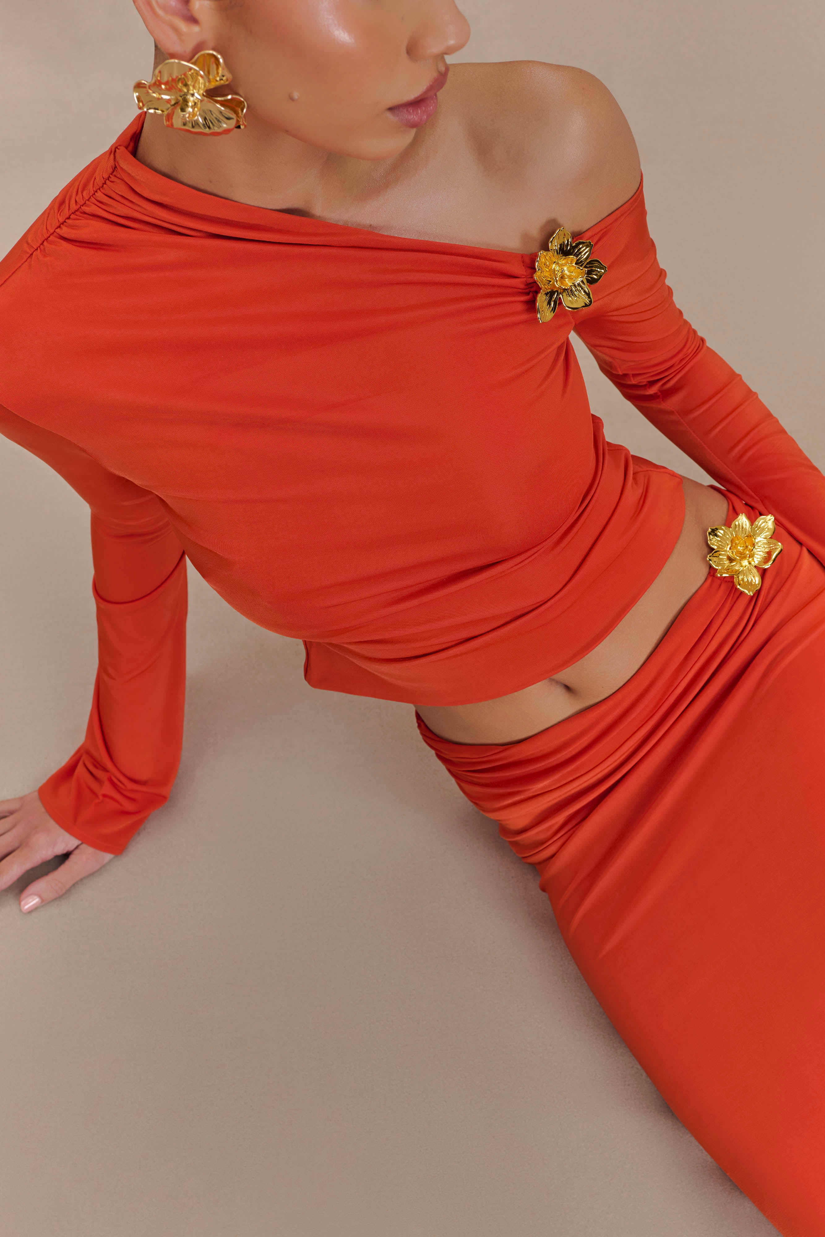 Ainsley Asymmetrical Long Sleeve Top With Floral Hardware - Burnt Orange - Image 5