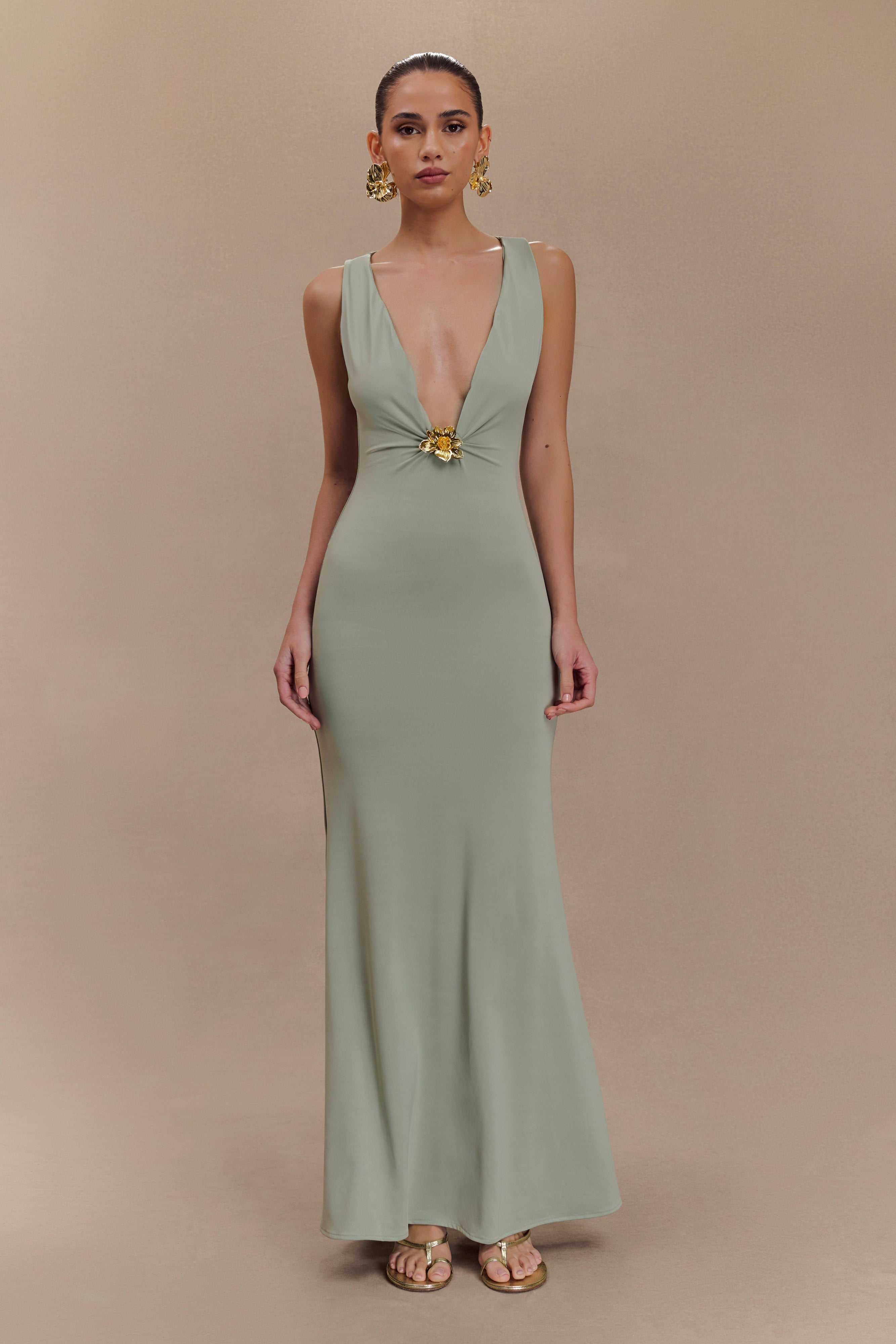 Beck Plunge Maxi Dress With Floral Hardware - Basil - Image 6