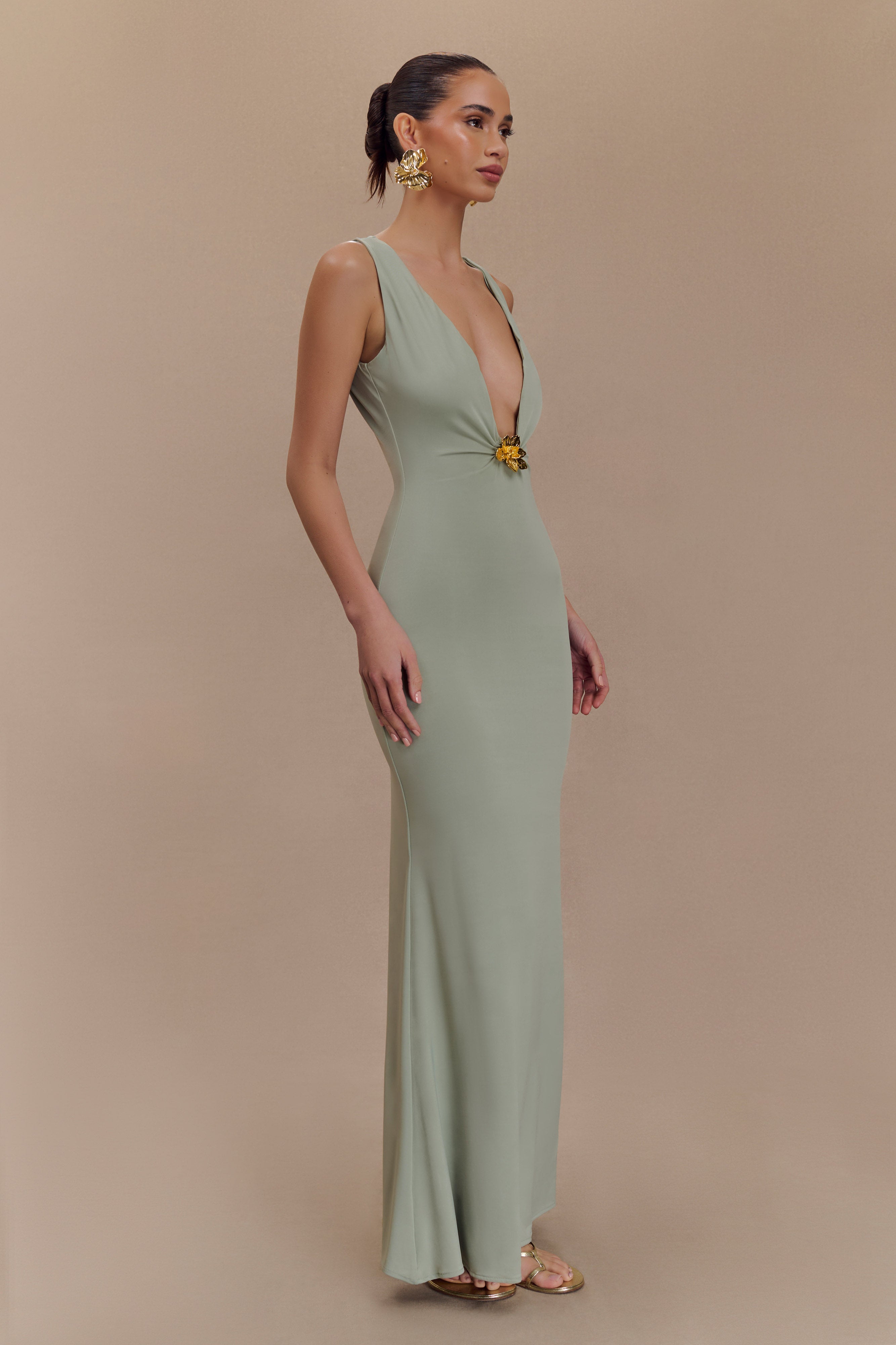 Beck Plunge Maxi Dress With Floral Hardware - Basil - Image 4